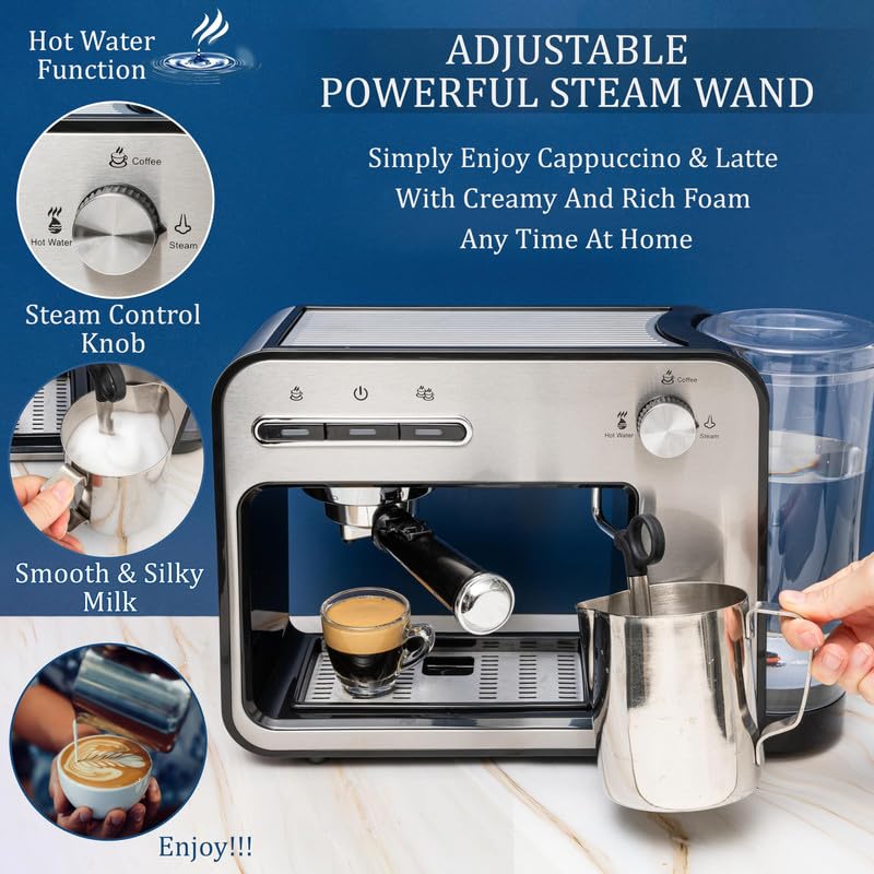 Mixpresso 15 Bar Professional Espresso Machine with Milk Frother - Fast Heating 1450W Coffee Maker for Home, Double Cup Splitter & 37Oz Water Tank - Perfect for Making Cappuccino, Latte & Espresso Drinks