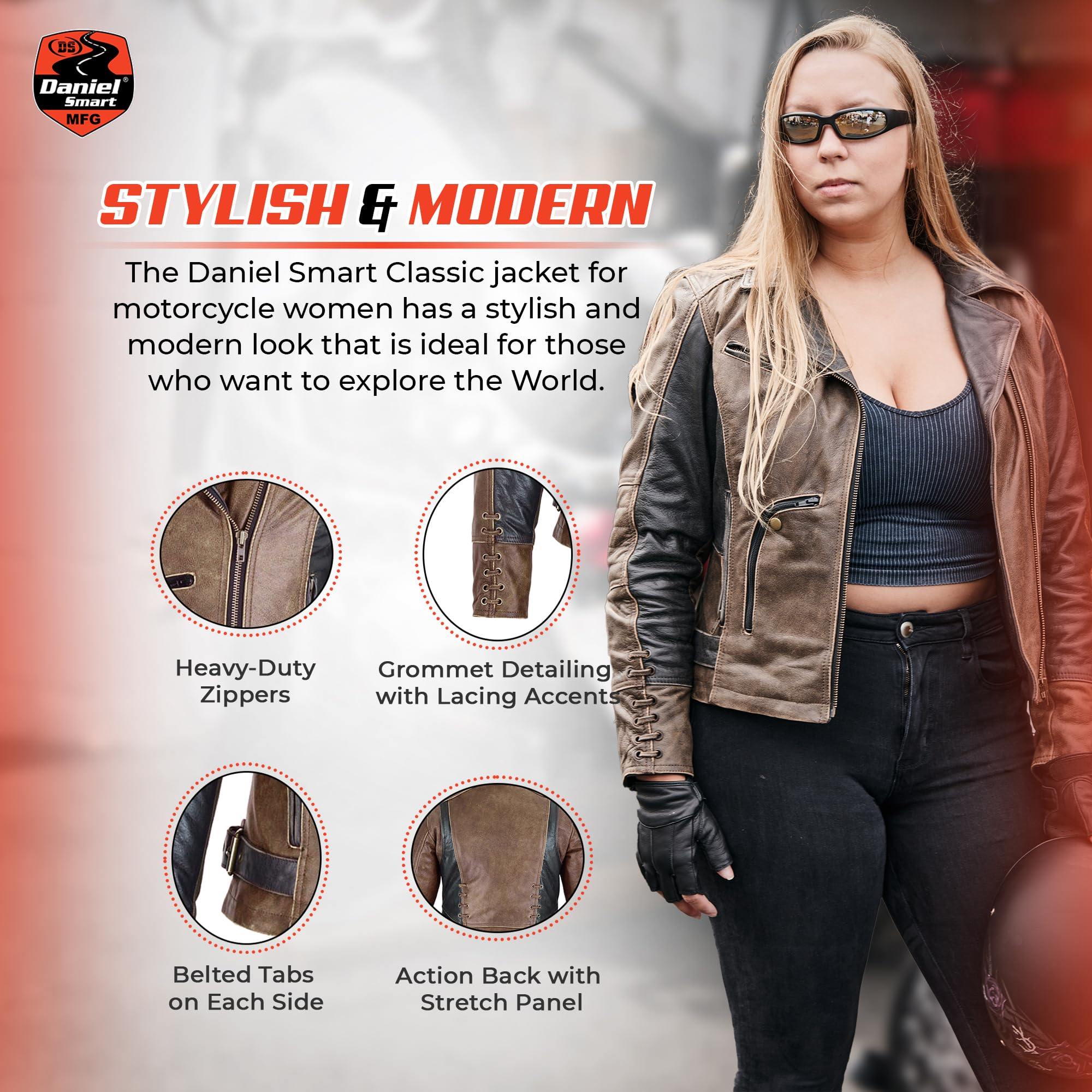 Daniel Smart Women's Motorcycle Jacket - Premium Biker Leather Jacket with Grommet Detailing, Lace Design & Armory Pocket for Riding, Fashion & Outdoor Adventures