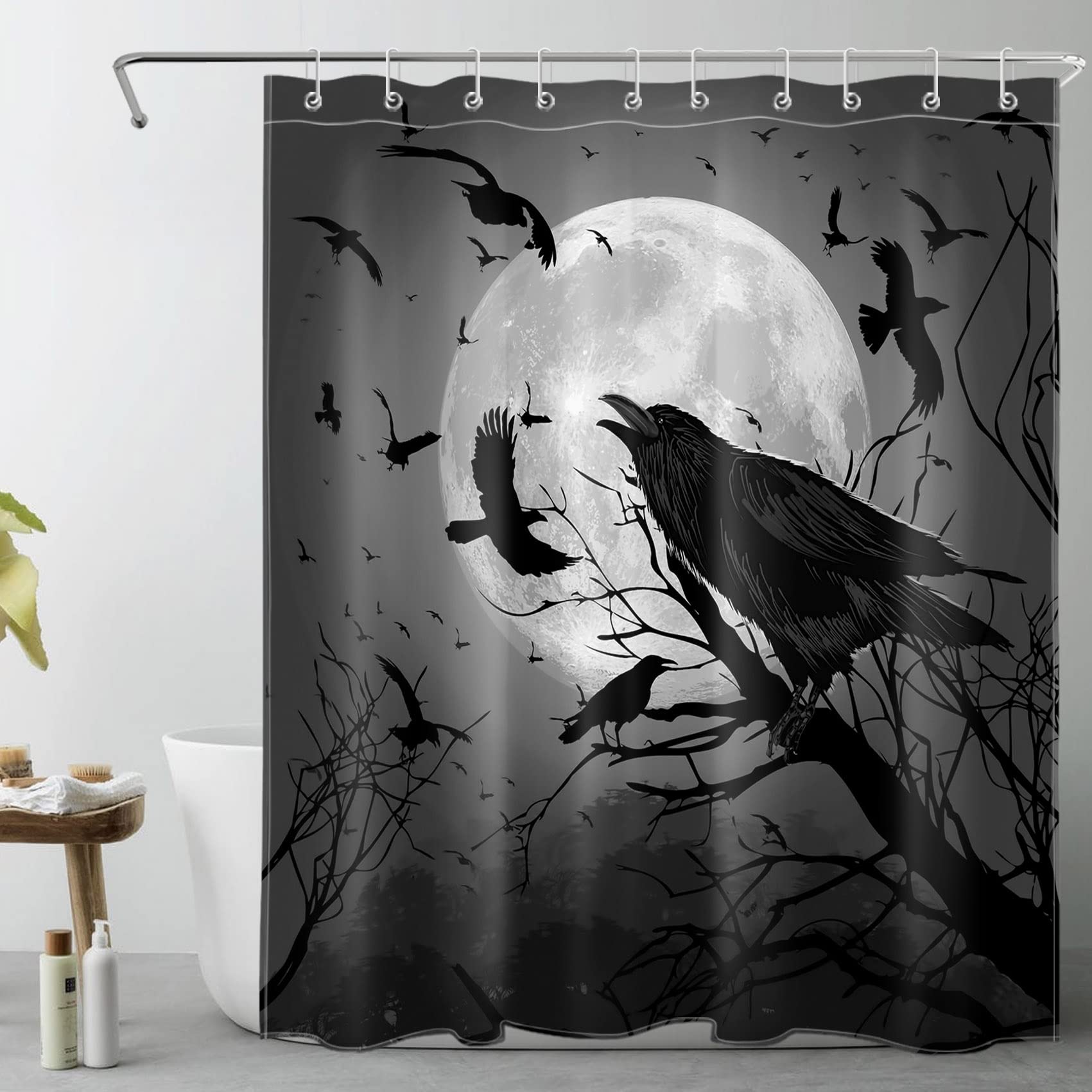 ECOTOB Halloween Shower Curtain - Black Crow & Bats in Misty Forest Design with Full Moon, Waterproof Bathroom Decor (60x72 Inches) - Perfect for Spooky Halloween Bathroom Decorations & Gothic Home Decor