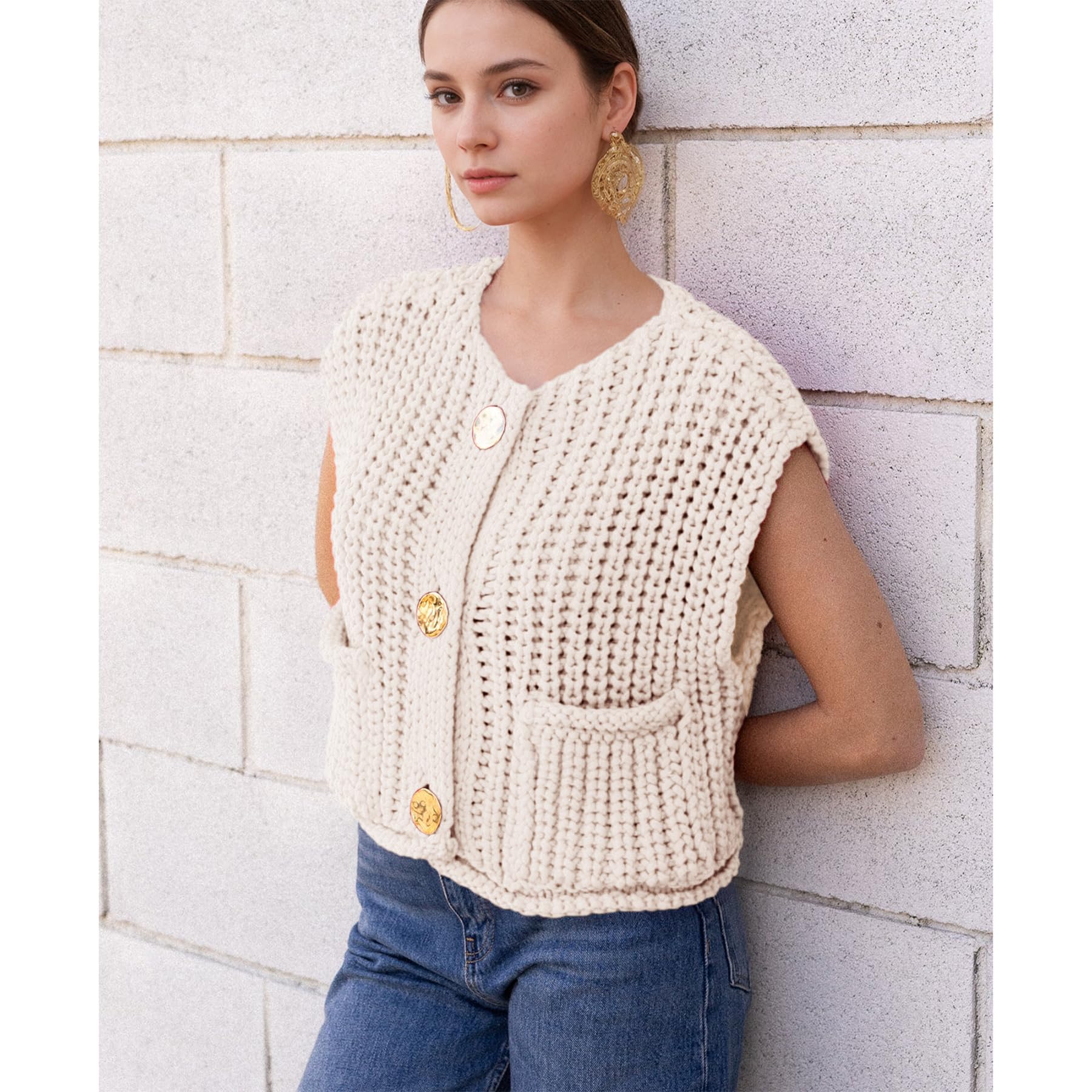 Women's Sleeveless Cropped Cardigan - Casual Chunky Knit Button Down Open Front Sweater Vest with Pockets | Perfect for Layering, Office Wear & Spring Outfits