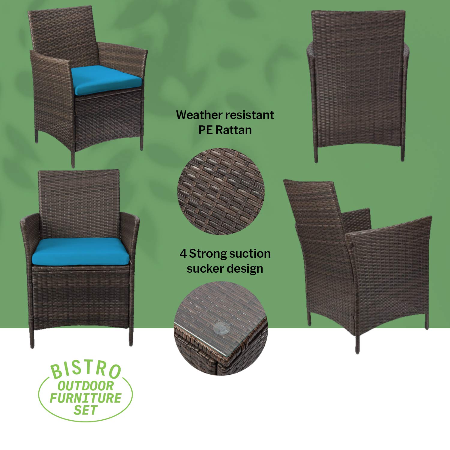 Alvino 3-Piece Patio Bistro Set - Modern Wicker Outdoor Furniture with Thick Cushions & Glass Top Coffee Table - Light Blue Rattan Garden Conversation Set for Backyard, Poolside & Balcony Relaxation