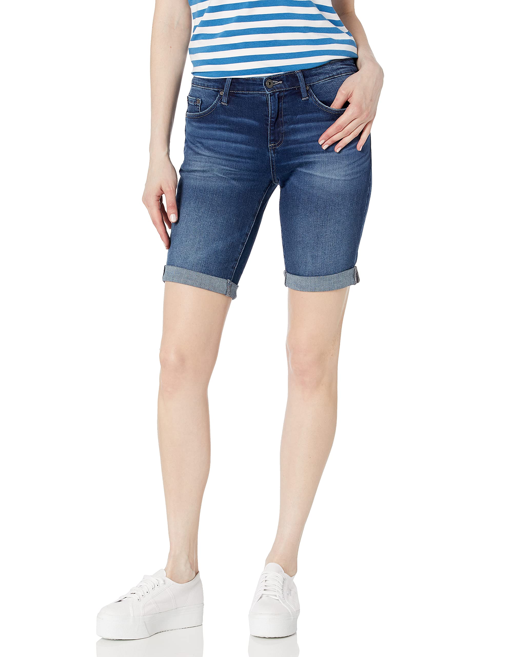 Tommy Hilfiger Women's High Waist Denim Shorts with Rolled Cuffs - Classic Blue Jean Shorts for Summer & Spring | Casual Outfits, Beach Wear & Everyday Style