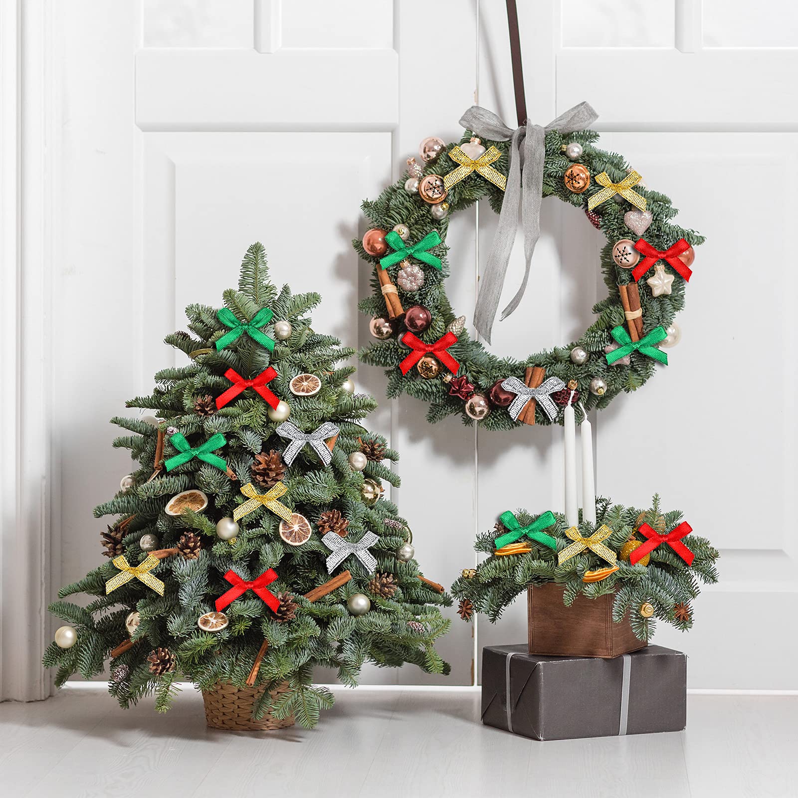 Christmas Mini Satin Bows - 200pcs for DIY Crafts & Wreaths (Red/Green/Silver) - Perfect for Holiday Decorations