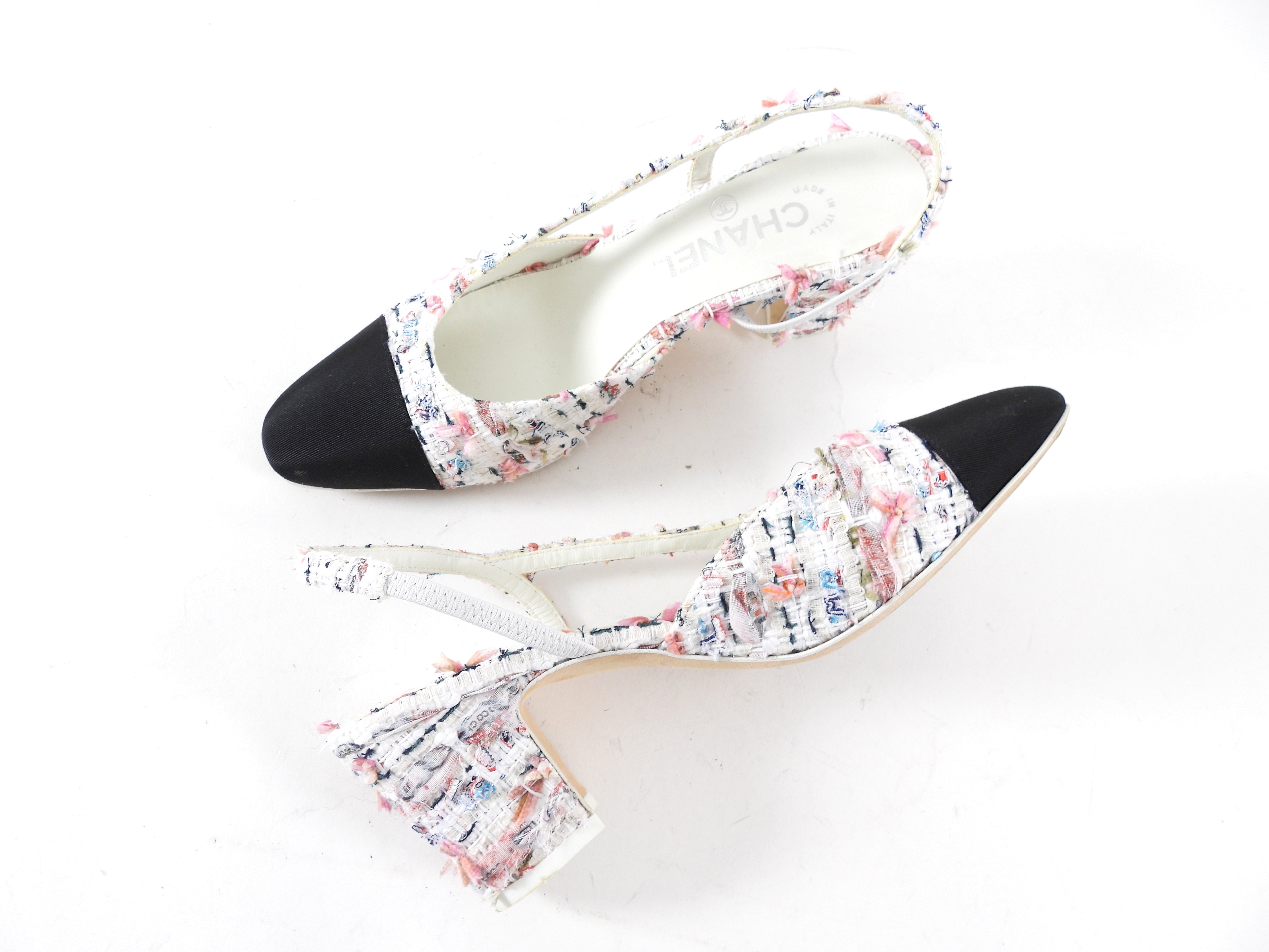 Chanel 2023 Pink and White Tweed Cap Toe Slingback Heels Size 37 - Women's Luxury High Heel Pumps for Parties, Weddings & Special Occasions