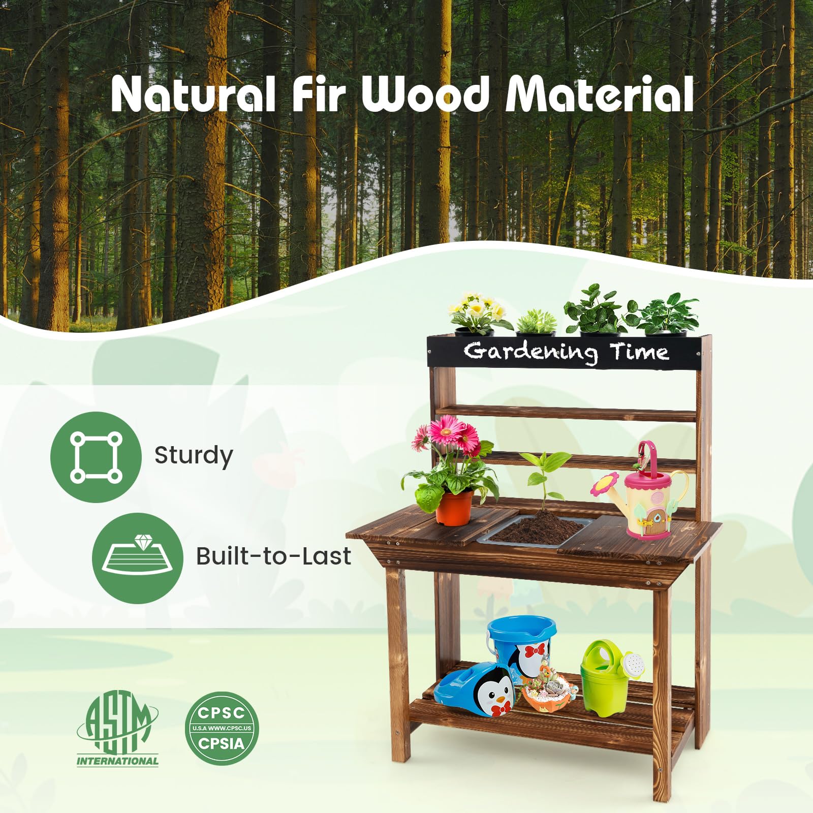 HONEY JOY Kids Mud Kitchen - Natural Fir Wood Outdoor Play Table with Removable Sink, 4 Planting Pots & Chalkboard - Toddler Pretend Play Garden Set for Backyard, Patio & Preschool Activities