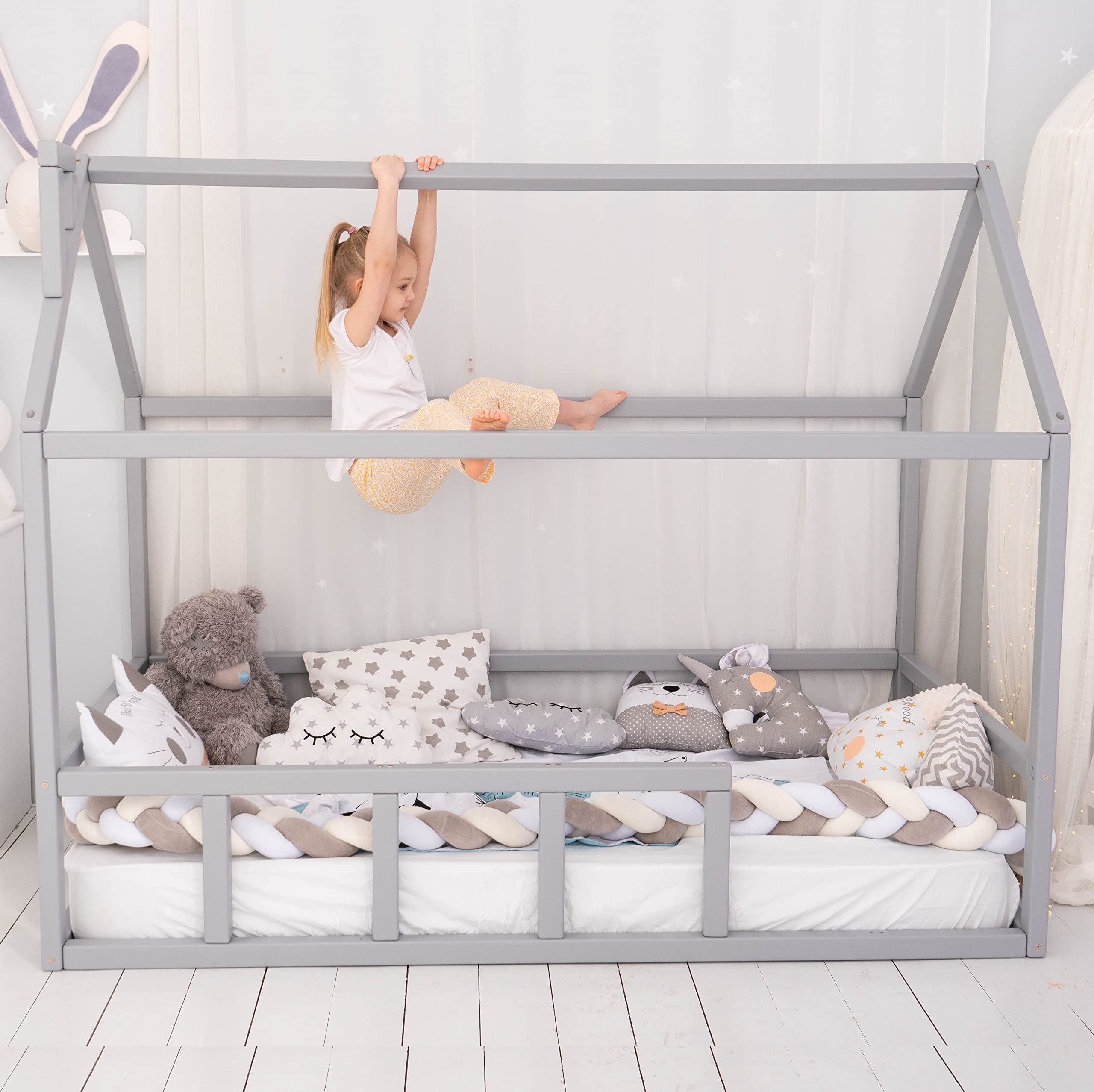 BUSYWOOD Montessori Twin House Bed - Toddler Floor Bed Frame for Kids - Grey Model 2 | Safe & Sturdy Kids Furniture for Playroom & Bedroom | Perfect Montessori Bed for Toddlers' Sleep & Play Space