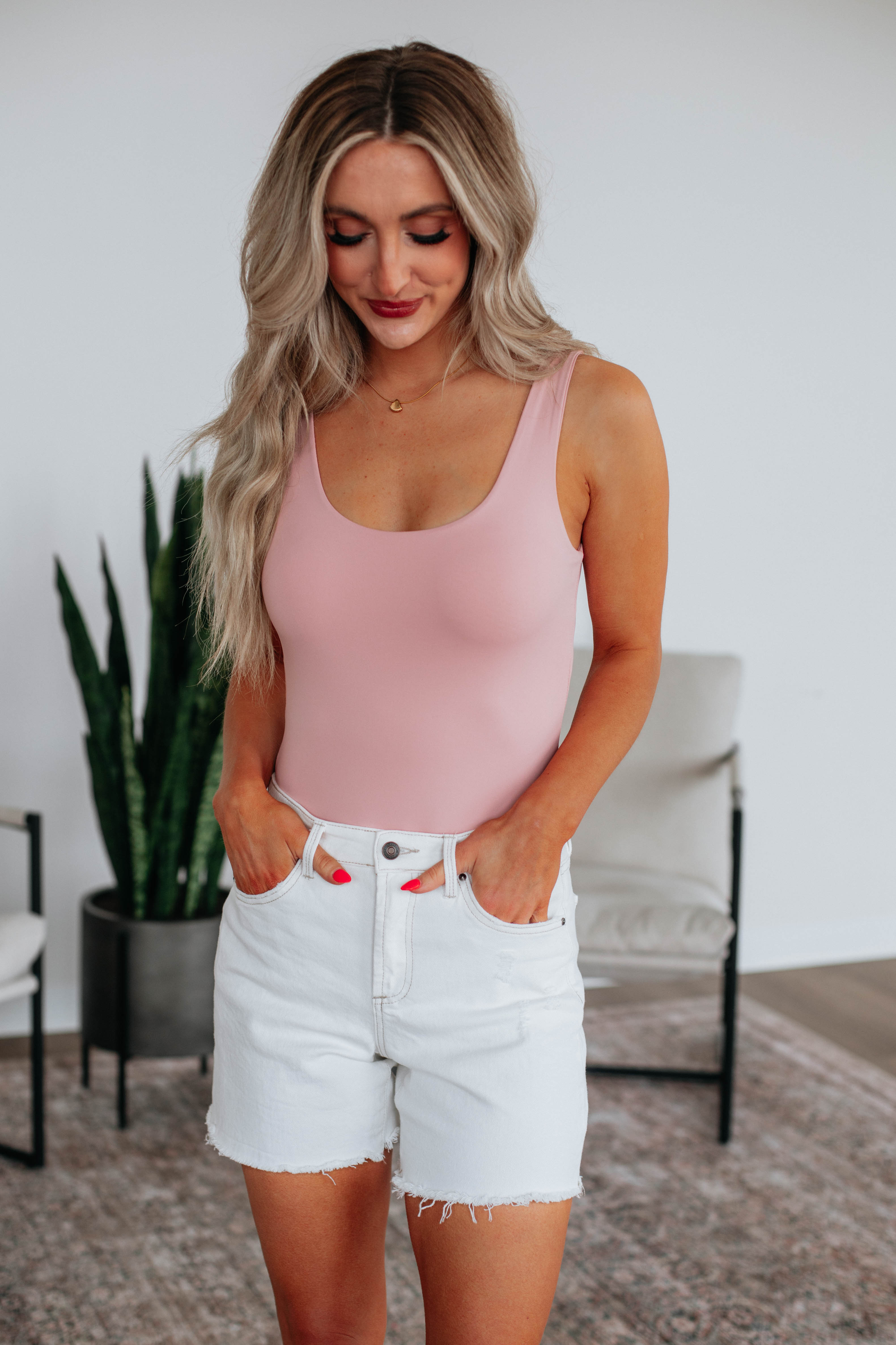 Ayanna Basic Bodysuit for Women - Soft Stretchy Seamless Tank Top Bodysuit in Blush Pink | Perfect for Layering, Casual Wear & Everyday Outfits