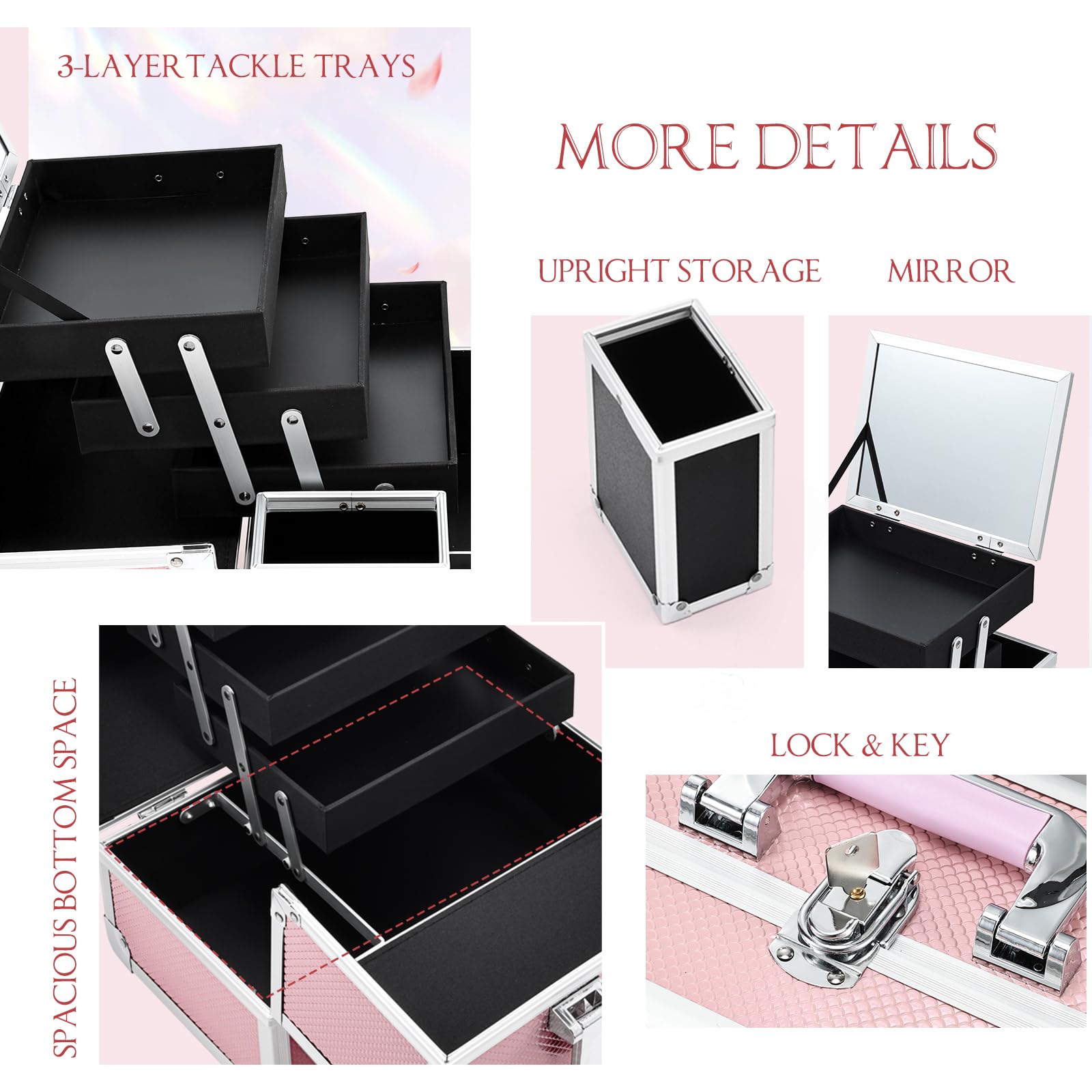 Joligrace Professional Makeup Train Case - 11.8 Inch Lockable Cosmetic Organizer with Mirror, 3-Tier Trays & Brush Holder | Portable Travel Jewelry Box in Mermaid Pink | Perfect for Makeup Artists, Travelers & Beauty Enthusiasts