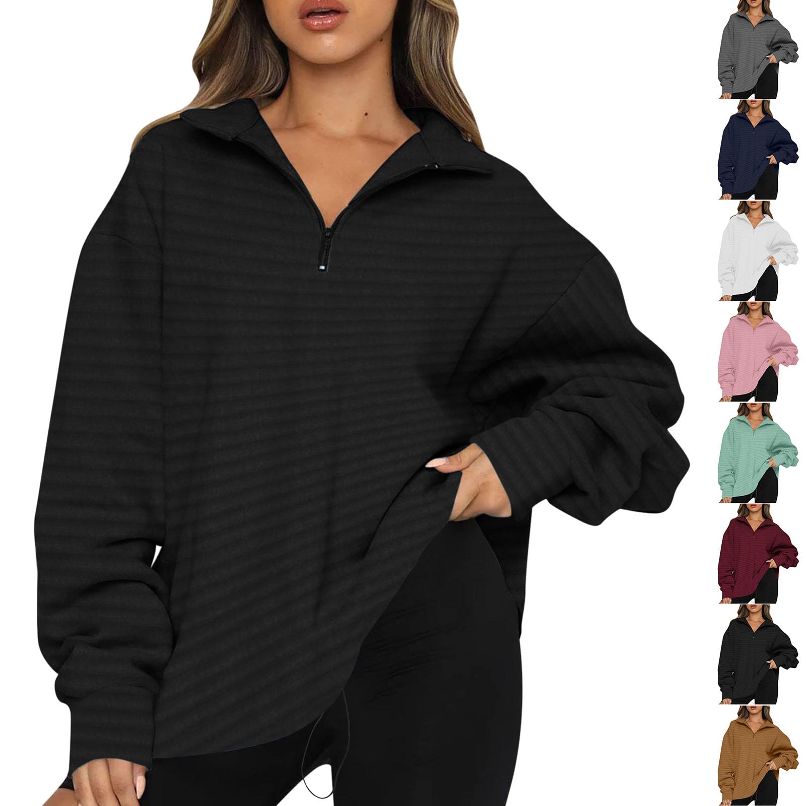 Women's Quarter Zip Oversized Sweatshirt - Casual Loose Rib Print Pullover Top | Fall 2024 Fashion Outfits | Perfect for Work, Travel & Weekend Wear