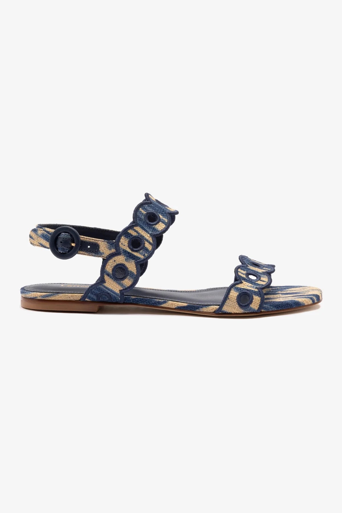 Florence Broderie Flat Sandal Women's Tie Dye Beige and Navy Raffia Summer Sandals - Perfect for Beach Vacation, Casual Outings and Boho Style Fashion
