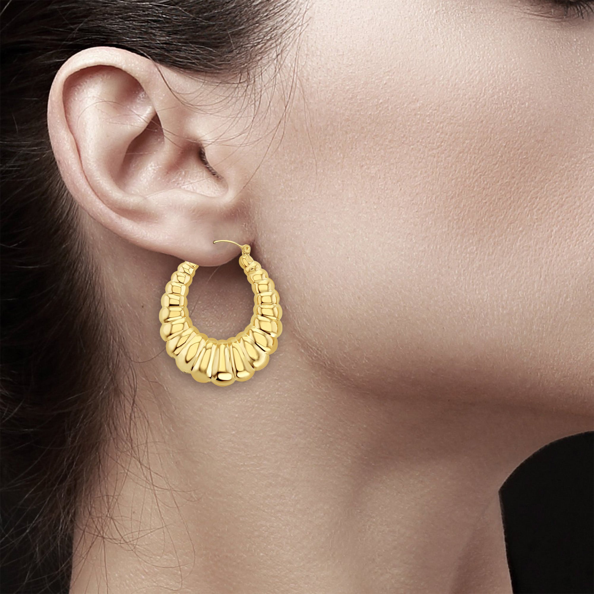 44MM Vintage Polished Puffy Shrimp Hoop Earrings 14k Yellow Gold - Elegant Statement Jewelry for Women, Perfect for Parties, Weddings & Special Occasions