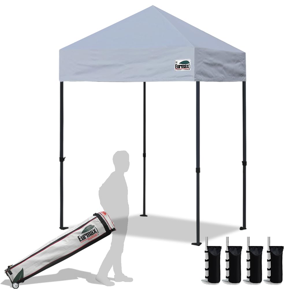 Eurmax USA 5'x5' Pop Up Canopy Tent - Heavy Duty Commercial Instant Shelter with Roller Bag & 4 Sand Weight Bags (Grey) - Perfect for Outdoor Events, Farmers Markets, Beach Parties & Camping
