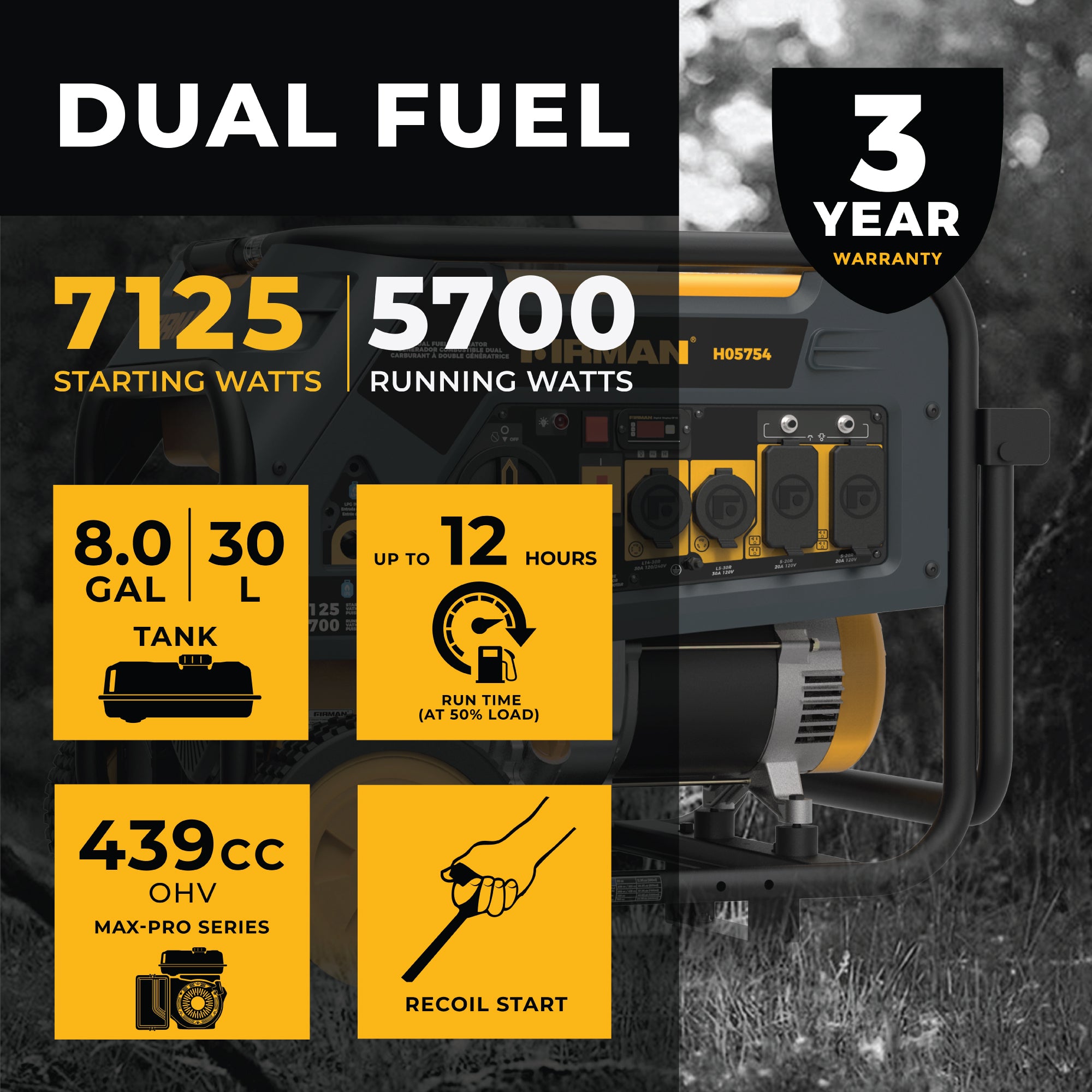 5700W Dual Fuel Portable Generator with Recoil Start - 120V/240V Output for Camping, Emergency Power & Outdoor Activities