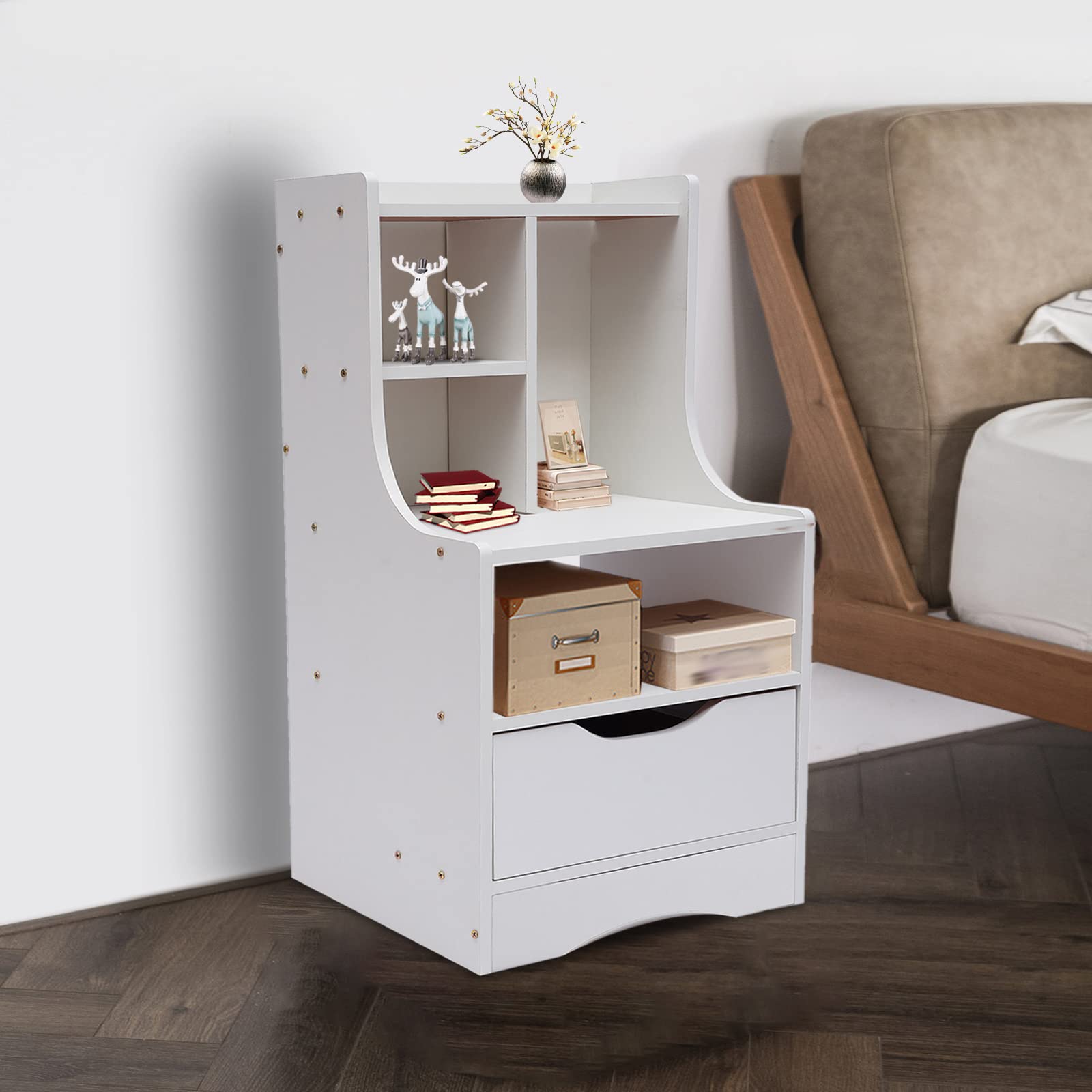 Eapmic White 1-Drawer Dresser with Top Cabinet & Open Shelf - Nightstand, End Table & Bedside Storage for Home, Office & Bedroom Organization