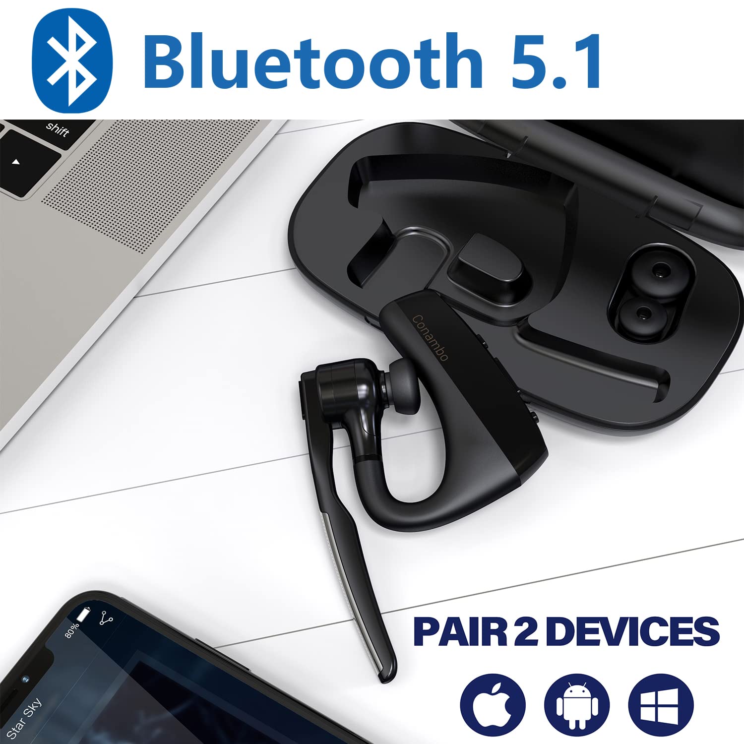CONAMBO Bluetooth Headset V5.1 Wireless Earpiece - 16 Hours HD Talk Time, CVC8.0 Noise Cancelling, Dual Mic Hands-Free for iPhone Android Smartphones - Perfect for Driving, Business Calls & Office Use