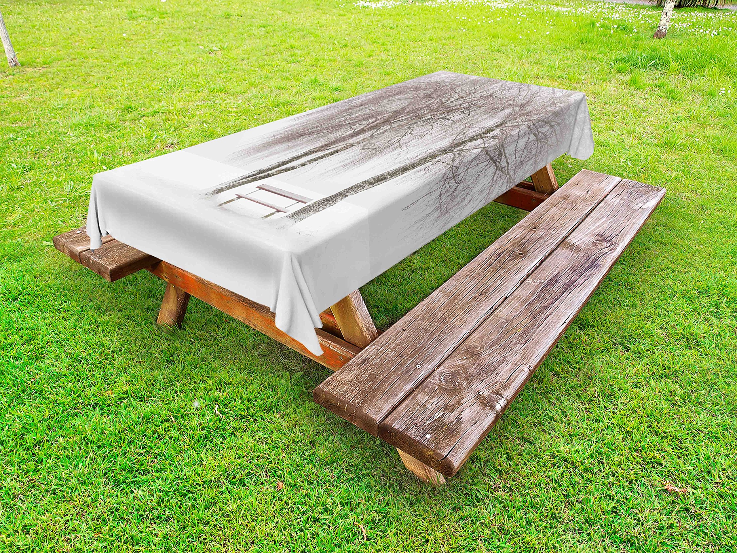 Ambesonne Winter Snowy Park Bench Tablecloth - Waterproof Washable Picnic Table Cover 58x120 Inches - Holiday Dining Decor for Outdoor Parties, Christmas Gatherings & Cozy Winter Meals