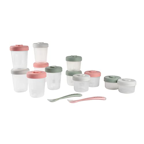 Beaba Baby Food Storage Containers Set of 12 with 2 Spoons | Airtight BPA-Free Plastic Food Containers with Lids | Perfect for Baby Puree, Toddler Snacks & Meal Prep | Eco-Friendly Eucalyptus Design