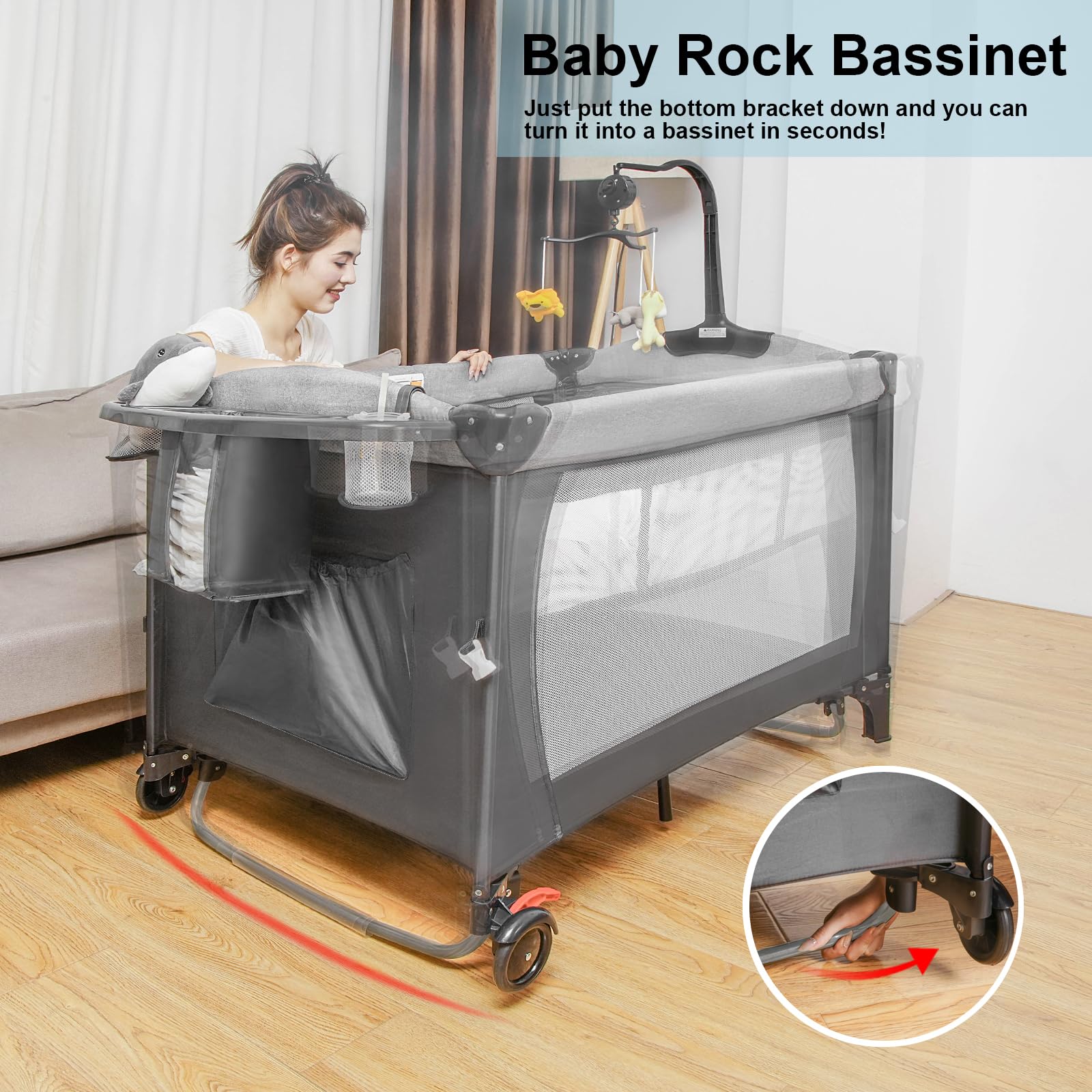 5-in-1 Portable Baby Playard with U-Shaped Diaper Changer & Adjustable Height - Convertible Bassinet Bedside Sleeper for Newborns & Toddlers - Includes Carry Bag for Travel & Nursery Use at Home