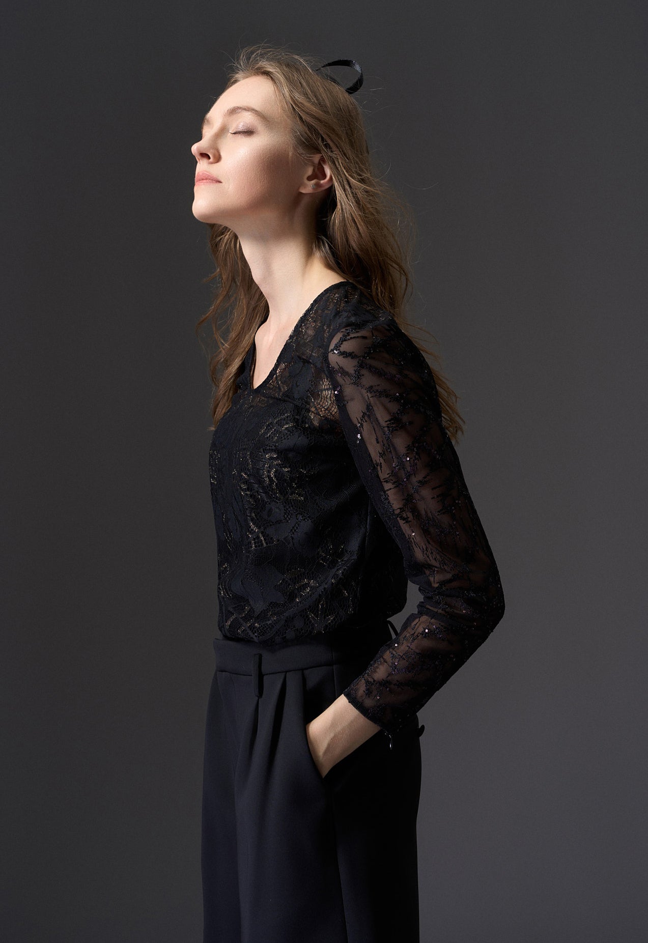 Elegant Black Jacquard Lace Top for Women - Stylish Blouse for Party, Date Night & Special Occasions
