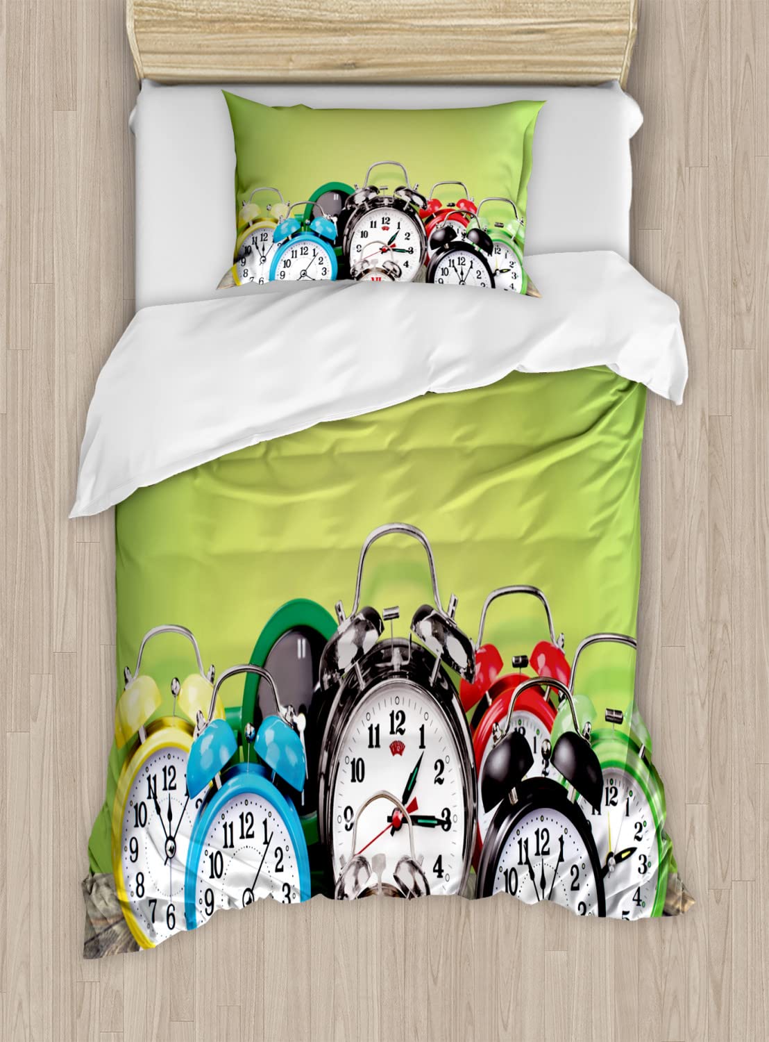 Ambesonne Vintage Alarm Clock Duvet Cover Set - 2 Pack Cal King Size, Lime Green Digital Print Bedding with 2 Duvet Covers & 4 Pillowcases - Nostalgic Wooden Ground Design for Cozy Bedroom Decor | Perfect for Retro-Themed Bedrooms, Guest Rooms & Unique Gift Ideas