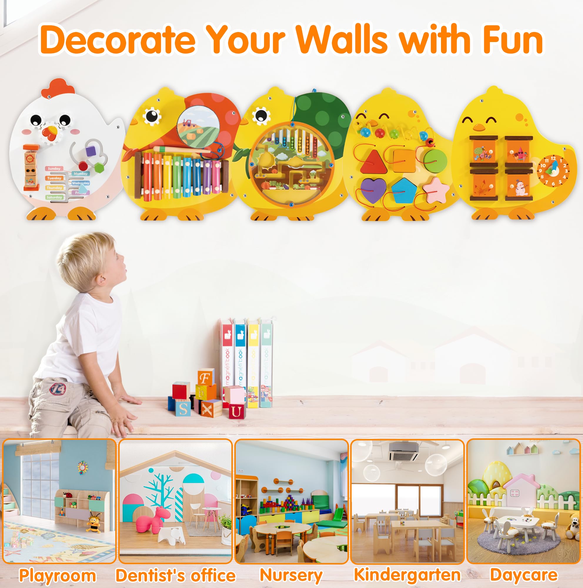 11-in-1 Wooden Sensory Busy Board for Toddlers - Montessori Learning Activity Wall Panel with Chick Design | Educational Toy for Kids Playroom, Daycare, Nursery, Classroom & Dentist Office Waiting Area | Perfect for Sensory Play & Early Childhood Development
