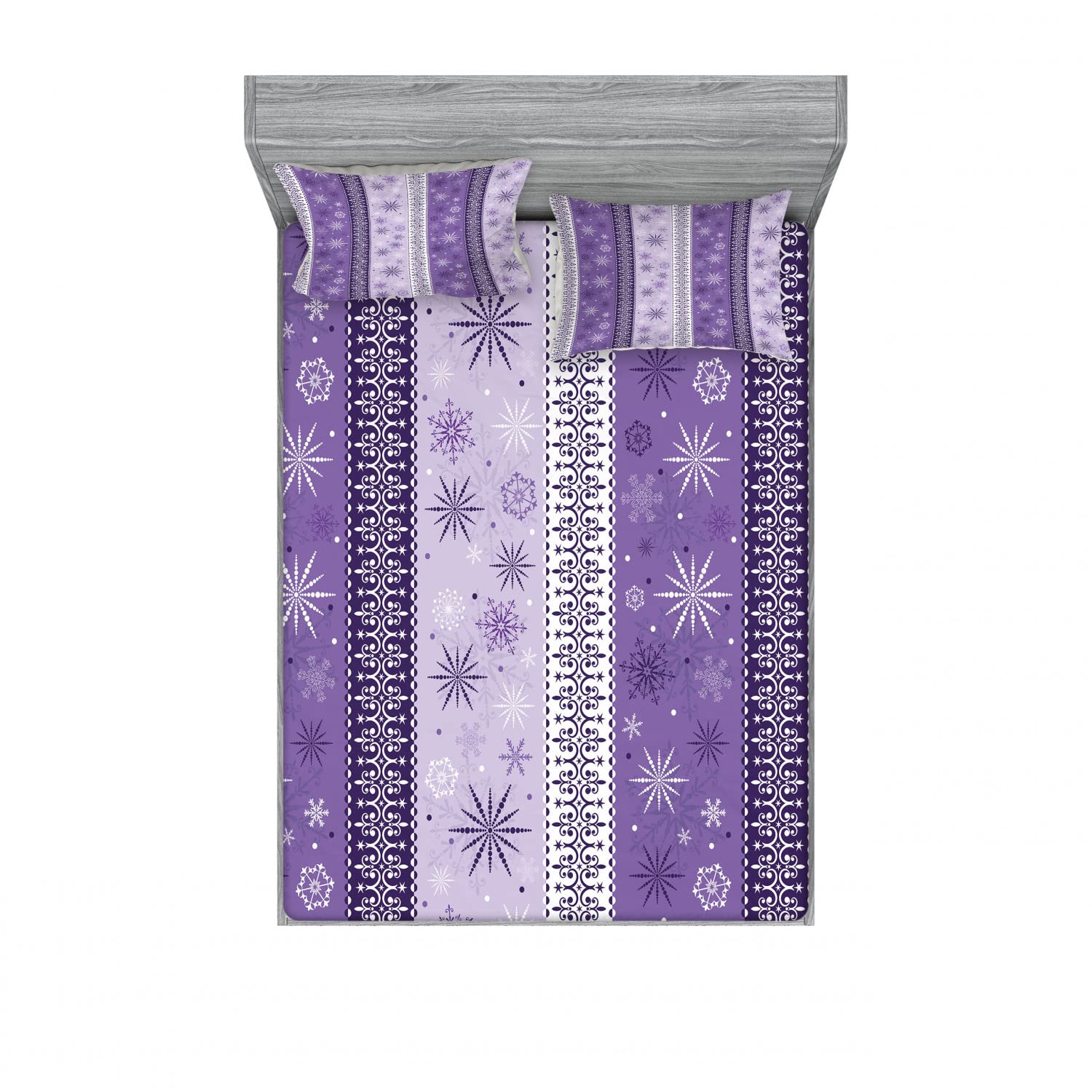 Ambesonne 2-Pack Christmas Snowflake Noel Fitted Sheet & Pillow Sham Set - Full Size Bedding Decor (4 Pcs) - Lavender Violet & White - Holiday Home Decor for Guest Rooms & Winter Themed Bedrooms