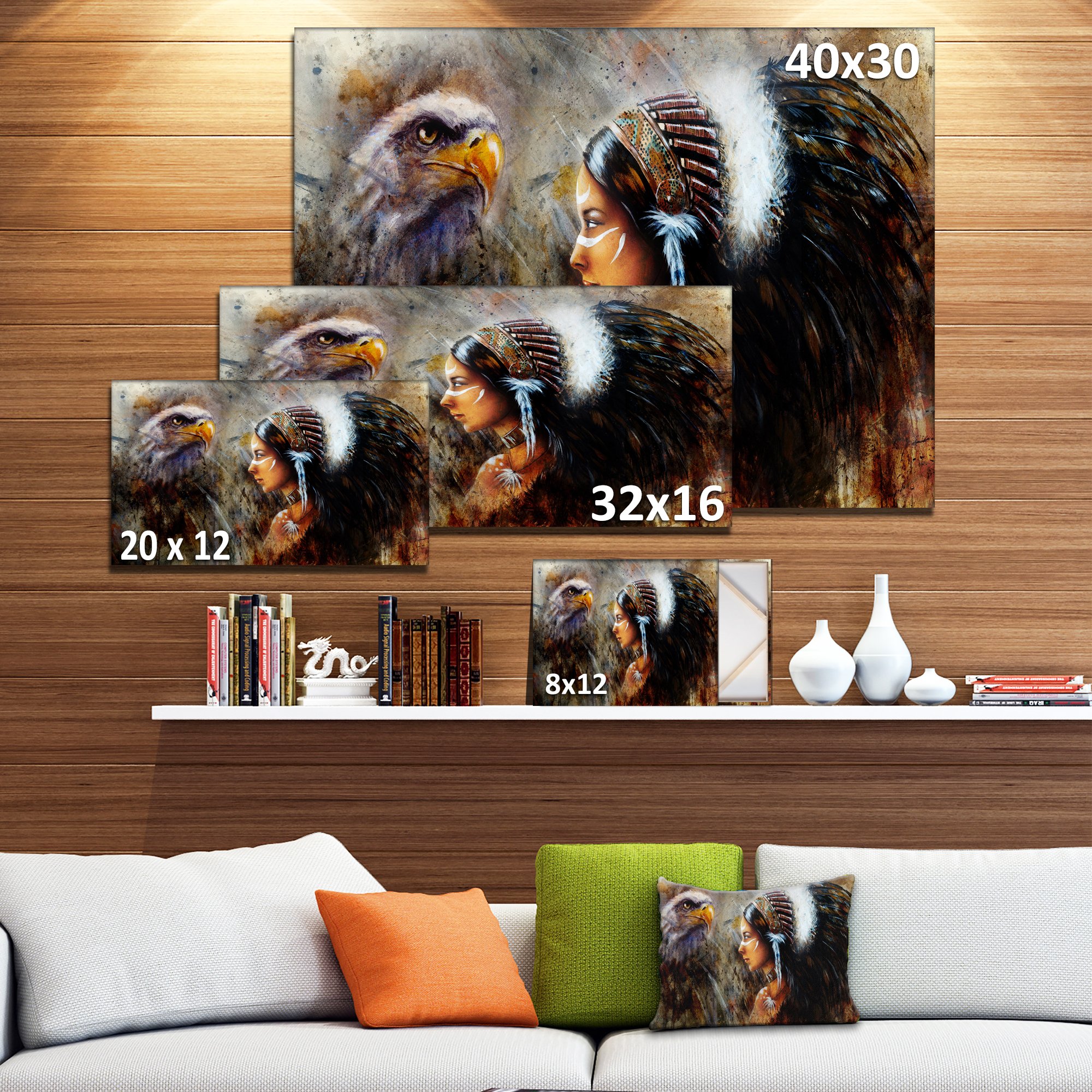Authentic Indian Woman with Feather Headdress Canvas Art - Native American Wall Decor for Living Room, Bedroom & Office