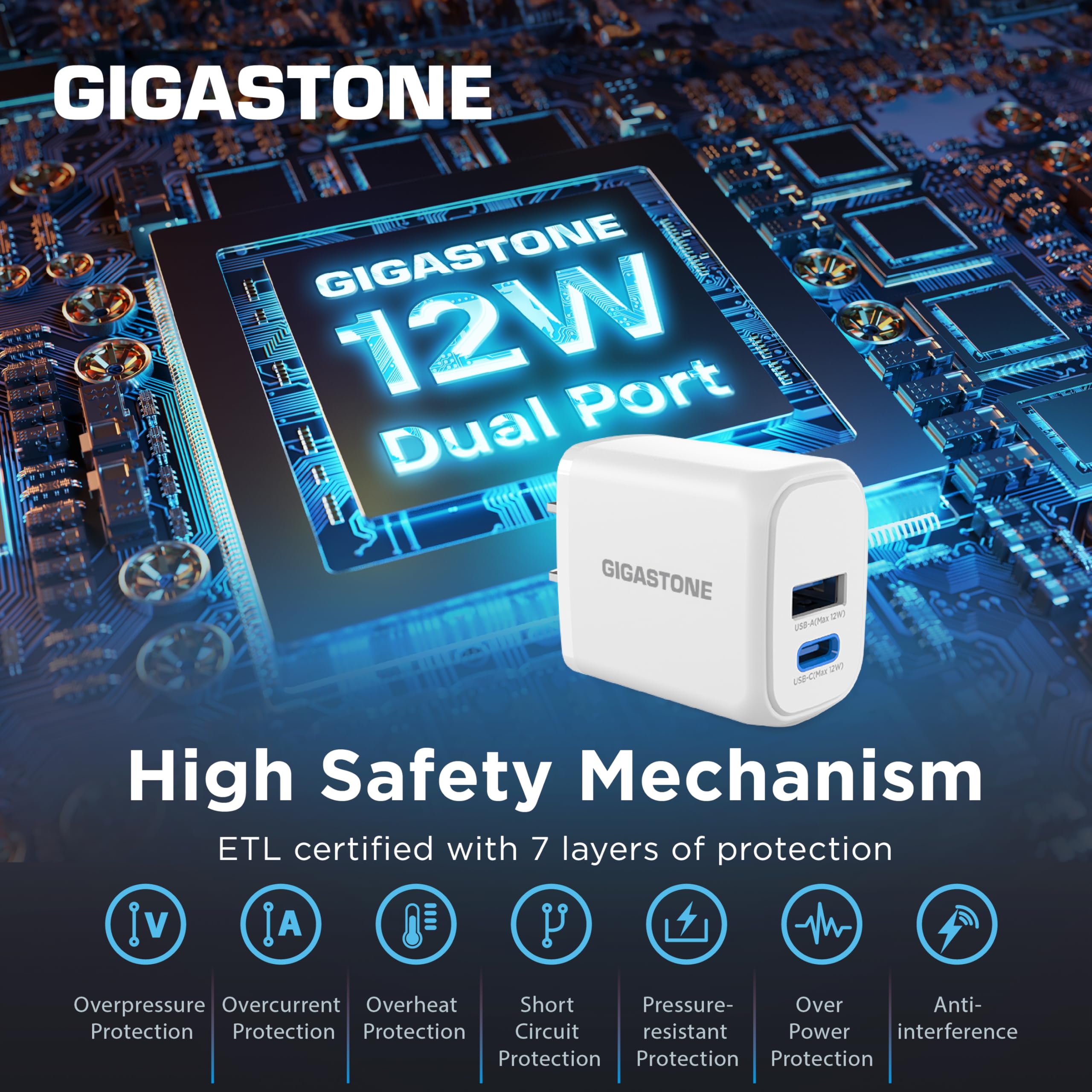 Gigastone 12W Dual Port USB C & USB A Wall Charger [3 Pack] - Fast Charging Block for iPhone 16/15/14/13/12, Samsung Galaxy S24/S23/S22, Kindle E-Reader - Travel Power Brick with 2.4A Output - Perfect for Home, Office & On-The-Go Charging