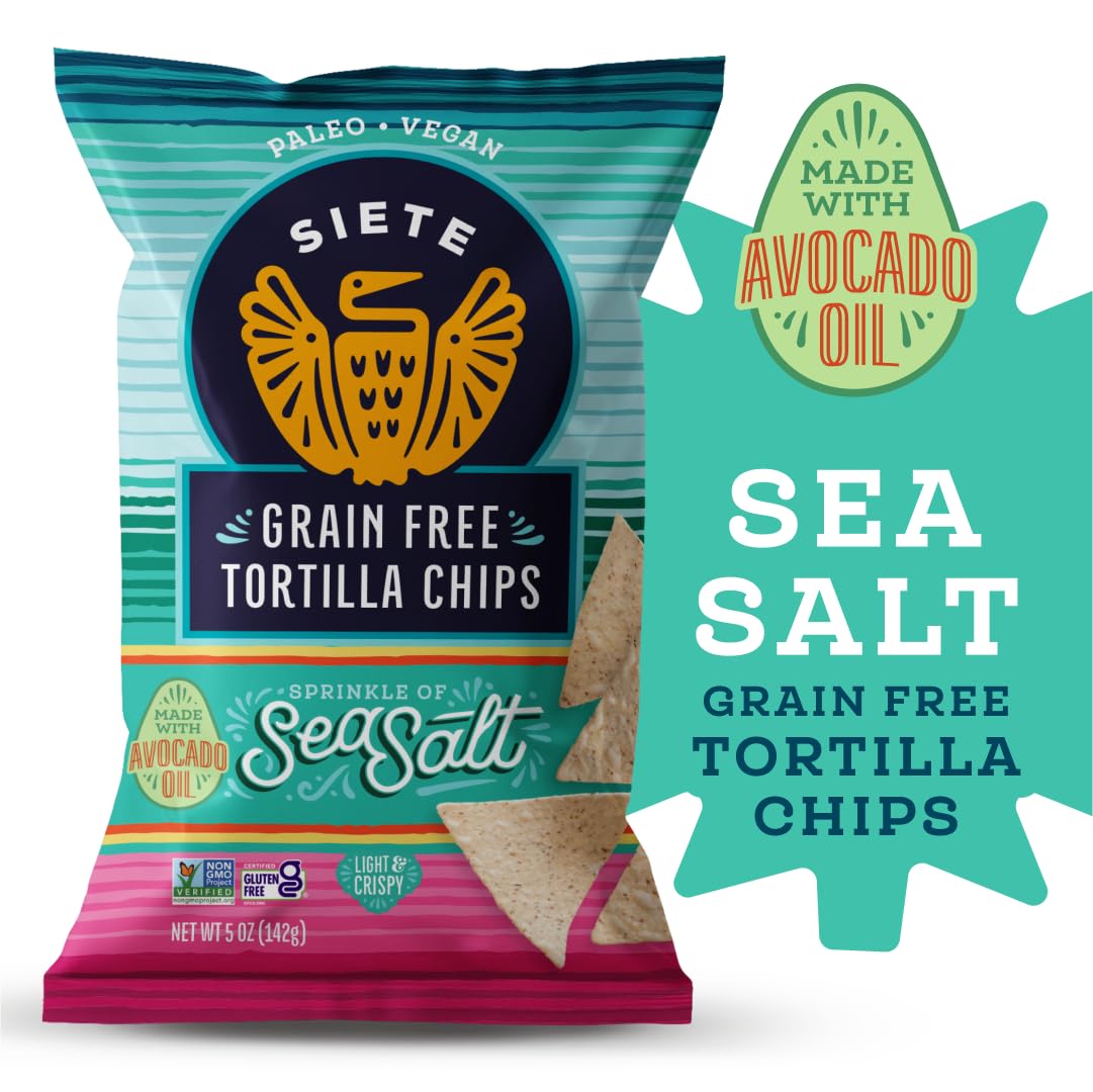 Siete Grain Free Tortilla Chips - Gluten Free, Paleo & Vegan Snacks - Non GMO, Sea Salt - 5oz (Pack of 12) - Perfect for Keto Diet, Healthy Snacking & Party Platters