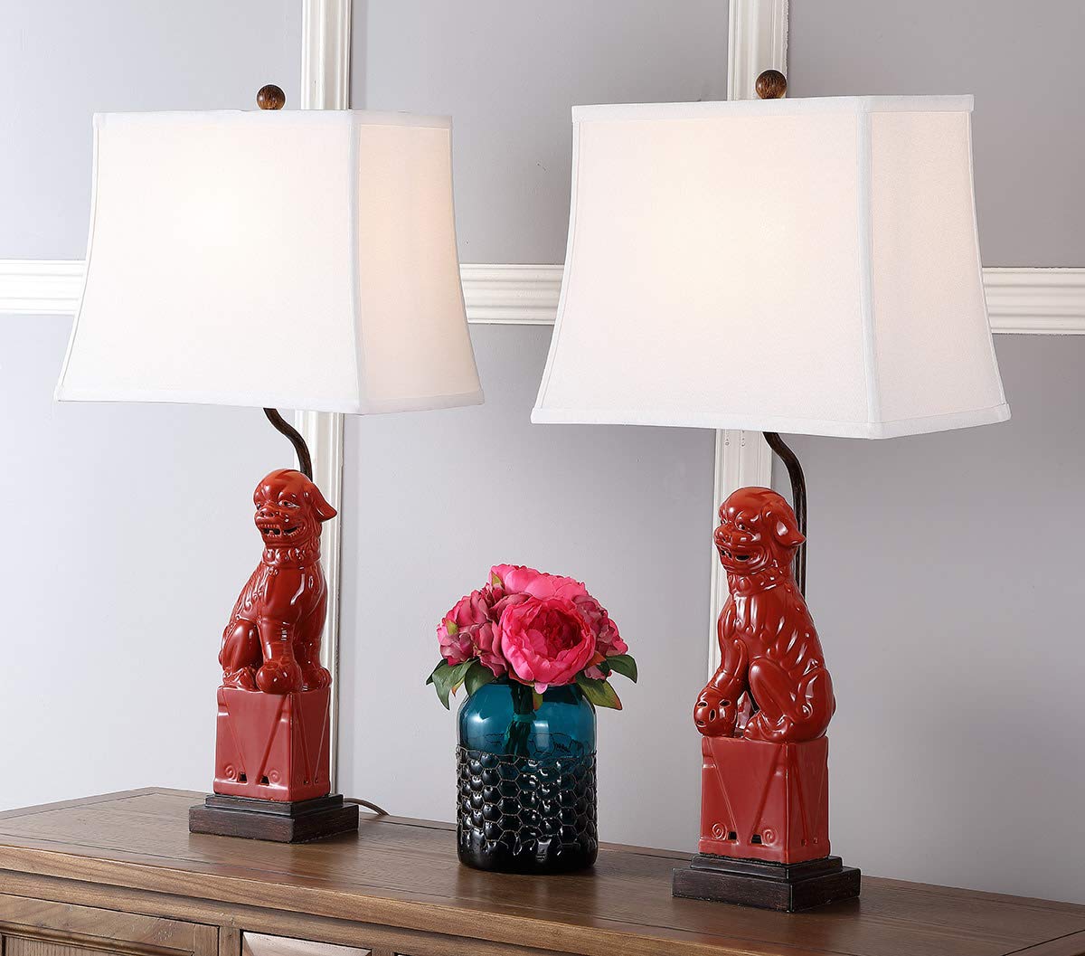 SAFAVIEH 28-inch Chinese Foo Dog Table Lamp Set of 2 with LED Bulbs - Red Asian Inspired Lighting for Bedroom, Living Room, Home Office & Nightstand | Perfect for Feng Shui Decor, Zen Spaces & Asian-Themed Interiors