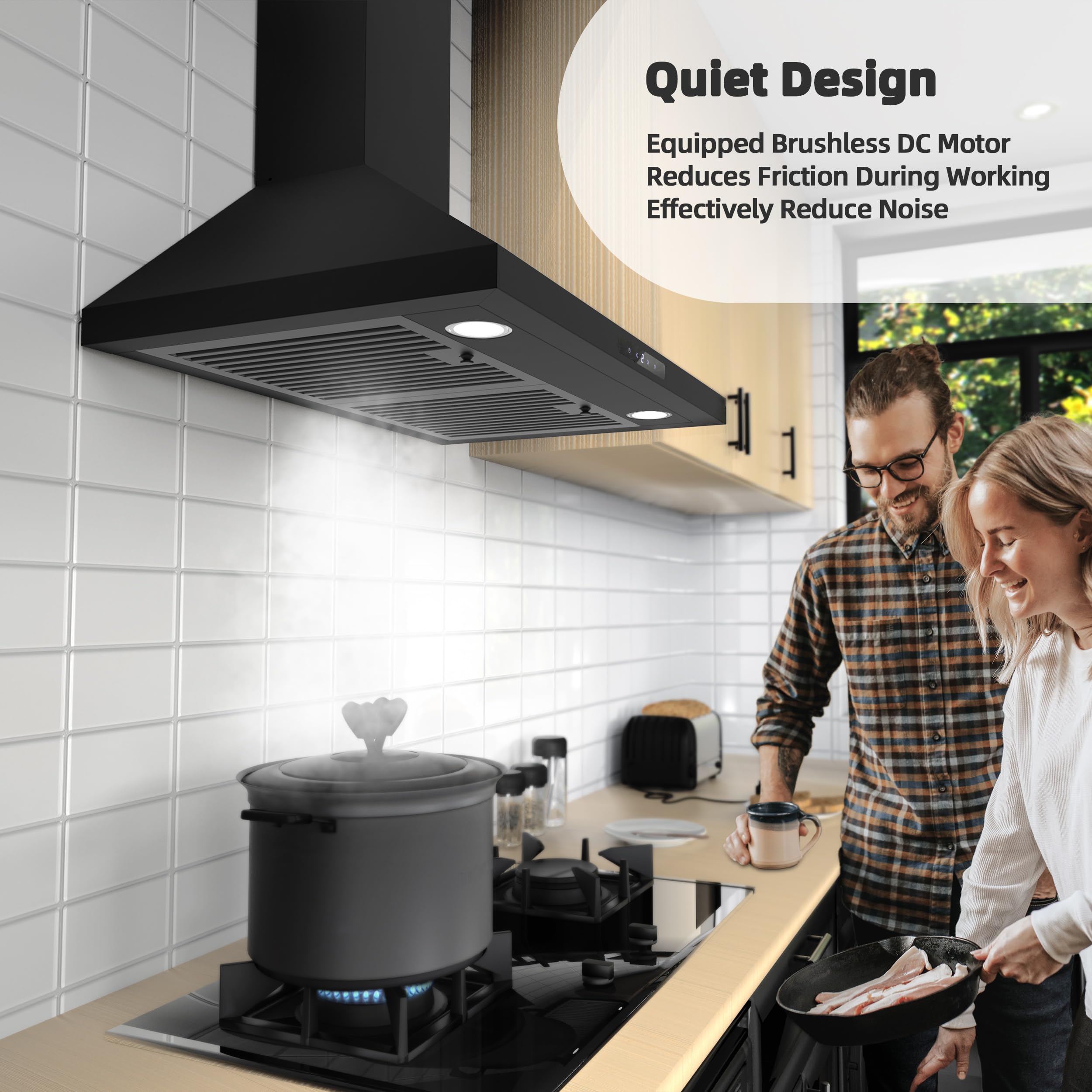 FIREGAS 30-inch Black Convertible Wall Mount Range Hood - 450 CFM Kitchen Vent Hood with Brushless Motor, 9-Speed Fan, LED Lights & Permanent Filters - Ideal for Home Kitchens, Restaurants & Cooking Spaces
