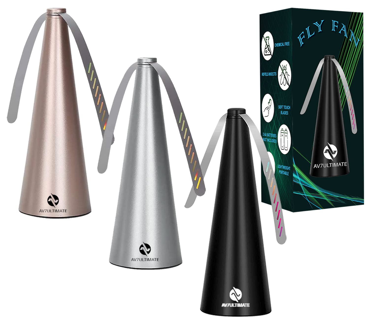 AV7ULTIMATE 3-Pack Table Fly Fan Set - Silver, Black, Gold - Keep Food Clean During Outdoor Dining, BBQ, Picnics & Restaurant Use - Effective Fly Repellent for Patio, Garden & Camping Meals