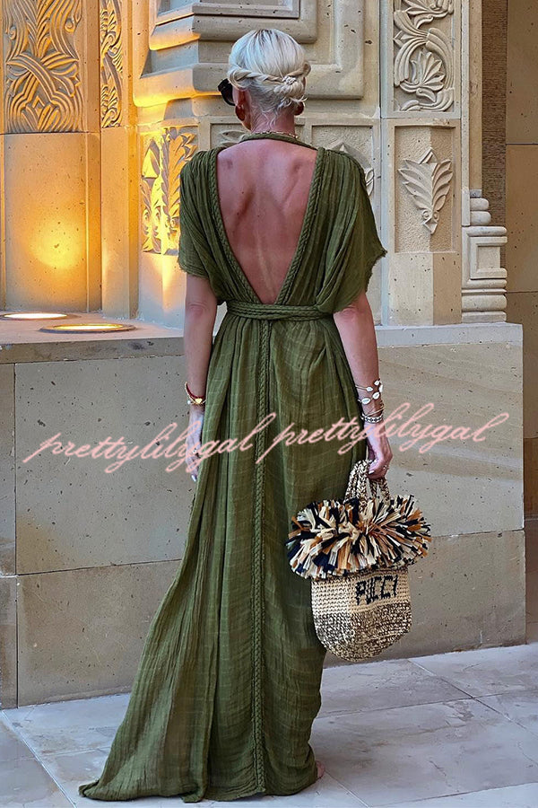 Greek Style Linen Blend Draped Braids Kimono Cover Up Slit Maxi Dress - Boho Beach Wedding, Summer Vacation & Resort Wear