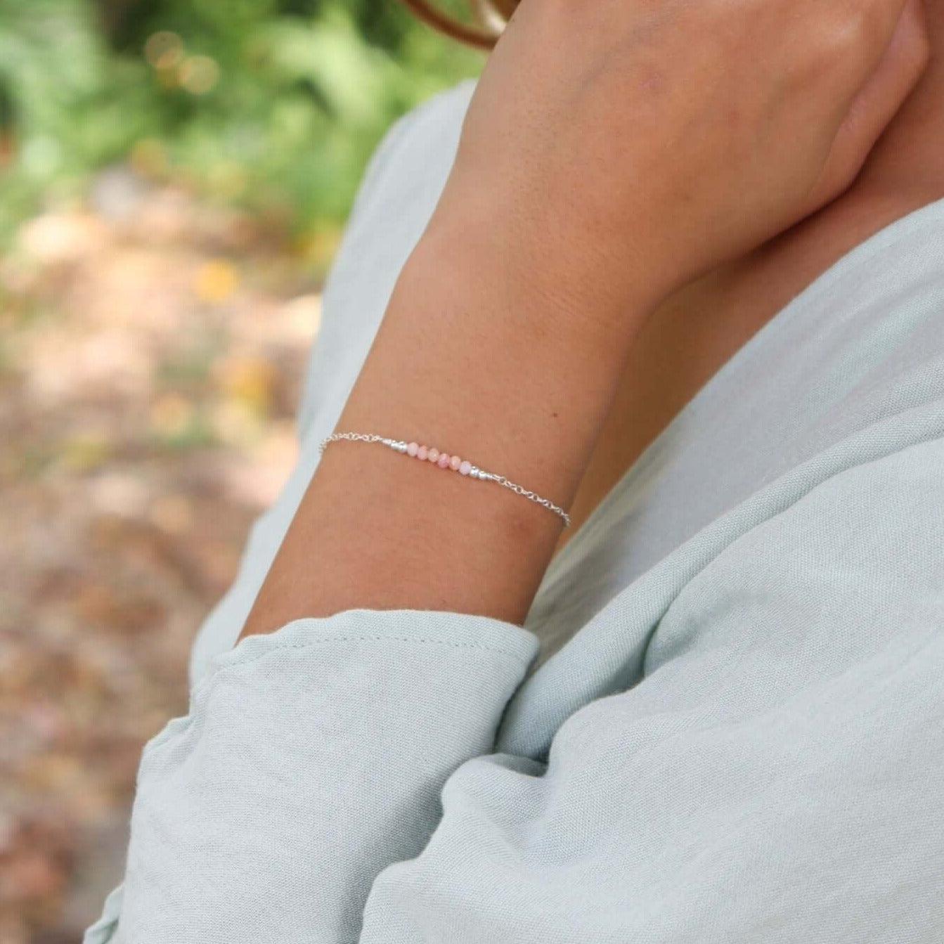 Sparkling Pink Peruvian Opal Gemstone Faceted Bead Bar Bracelet for Women - Handmade Adjustable Stretch Jewelry for Boho Fashion & Gift Giving