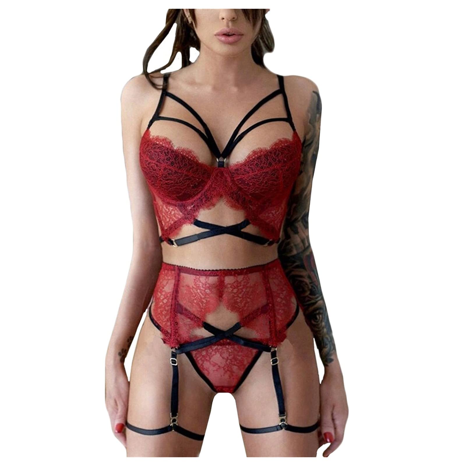 Sexy Lace Lingerie Set for Women - 2PC Push Up Bra with Garter Belt, Comfortable Nightwear & Underwear Set | Perfect for Valentine's Day, Honeymoon & Romantic Nights