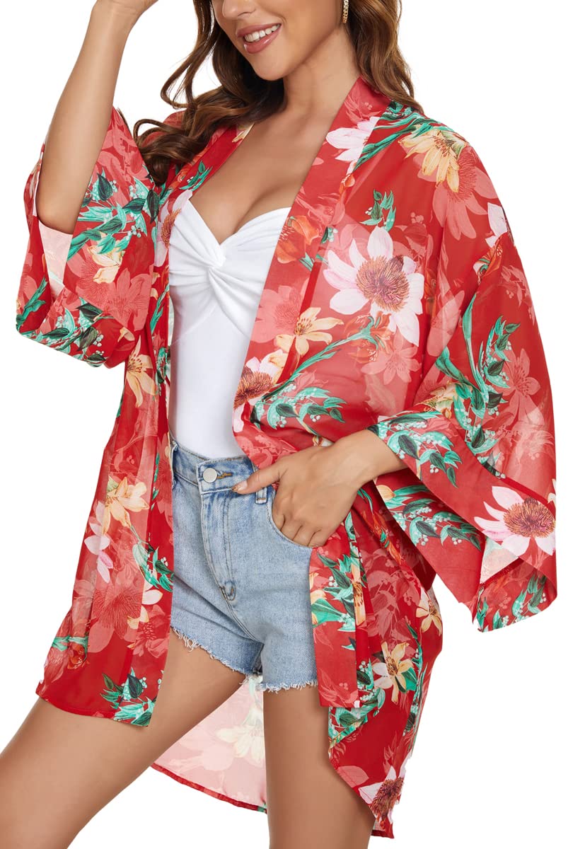 Tribear Women's Floral Printed Chiffon Kimono Cardigan - Lightweight Bat Sleeve Cover Up for Beach, Pool, Summer Outfits & Casual Wear