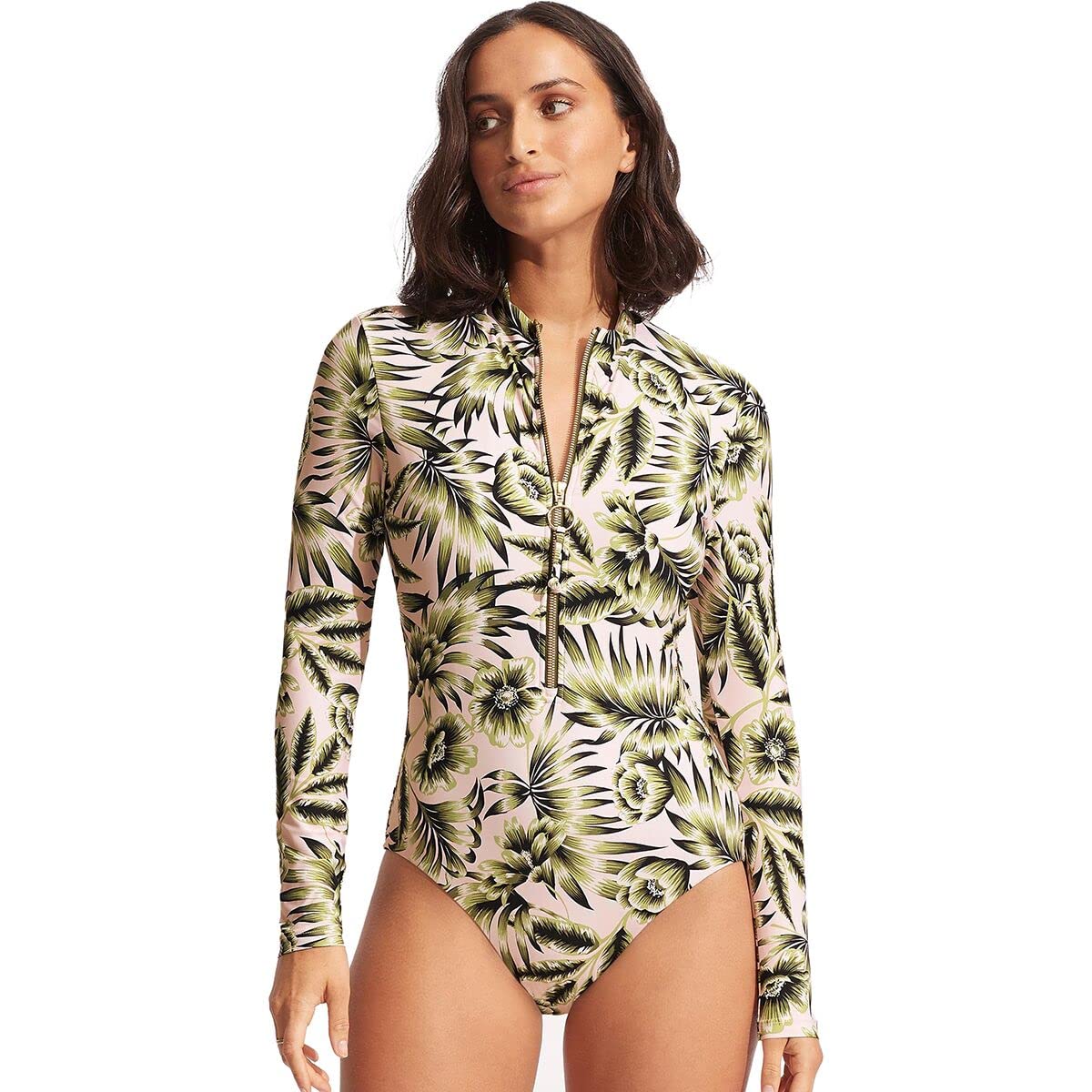 Seafolly Women's Long Sleeve One Piece Swimsuit with Front Zip - UPF 50+ Sun Protection Surf Suit for Beach, Pool & Water Sports