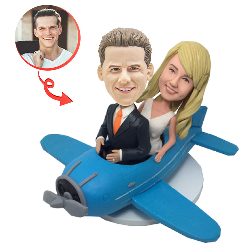Custom Couple Wedding Bobbleheads - Personalized Airplane Themed Figurines for Anniversary, Engagement & Travel Lovers Gift