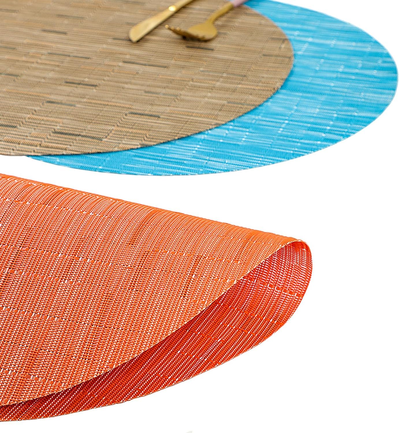 Round Woven Placemats Set of 4 - 13.8 Inch Washable Non-Slip Table Mats for Dining, Christmas Decor, Home, Wedding & Party - Orange Home Decor for Holiday Tablescapes