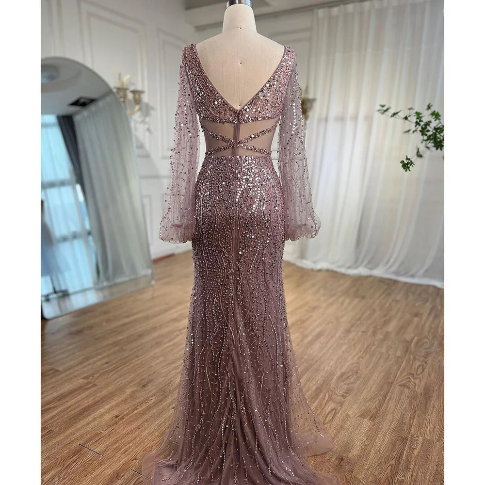 Elegant Beaded V-Neck Mermaid Evening Gown for Women - Sexy Mint Green Arabic Luxury Party Dress - Perfect for Prom, Gala, and Formal Events 2025 LA71784