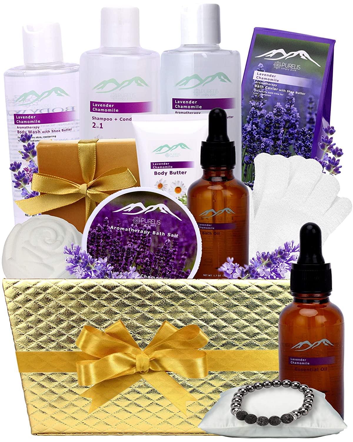 Lavender Chamomile Spa Gift Set for Women & Men - Essential Oil Infused Relaxation Kit with Bubble Bath, Body Wash, Lotion & Bath Oil | Perfect for Stress Relief, Self Care & Romantic Gifts