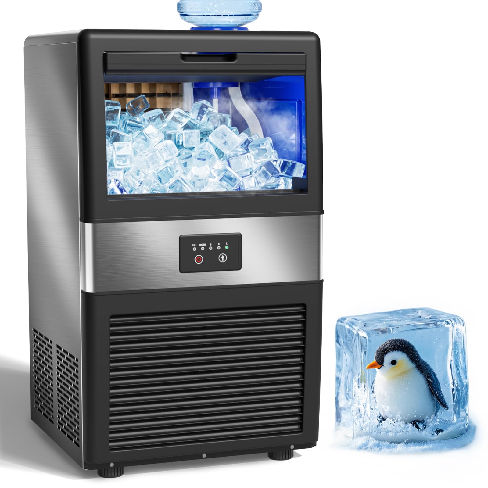Commercial Ice Maker Machine - Freestanding 80 lbs/24H Cabinet Ice Maker with Auto Self-Cleaning, 3 Ice Thickness Options, Tap Water Inlet | Fast 11-20 Min Ice Production (36 Cubes) | Perfect for Home, Office, Bar, Restaurant & Party Use