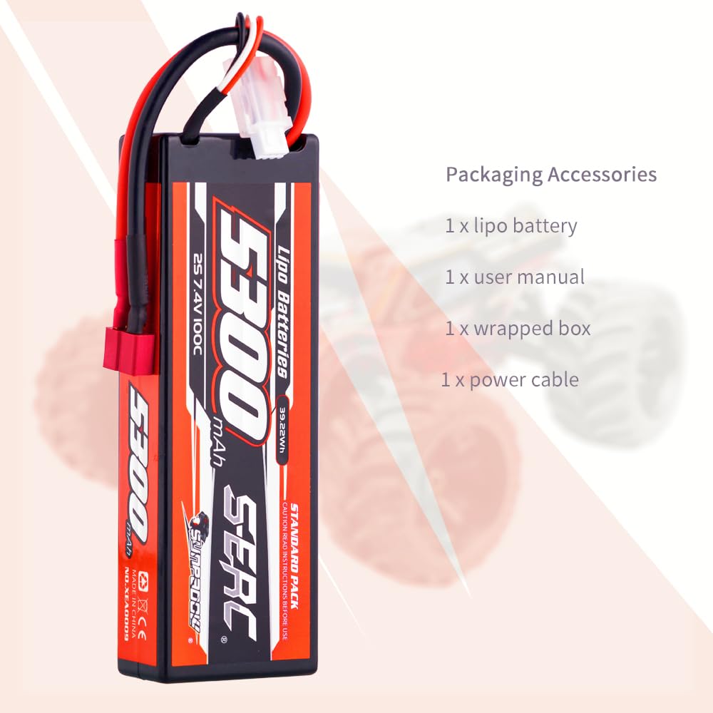 SUNPADOW 2S Lipo Battery 7.4V 5300mAh 100C Hard Case with Deans T Connector - Rechargeable RC Battery for RC Cars, Trucks, Buggies, Truggies and Tanks (2 Pack) - Perfect for High-Speed Racing, Off-Road Bashing and RC Vehicle Power Supply