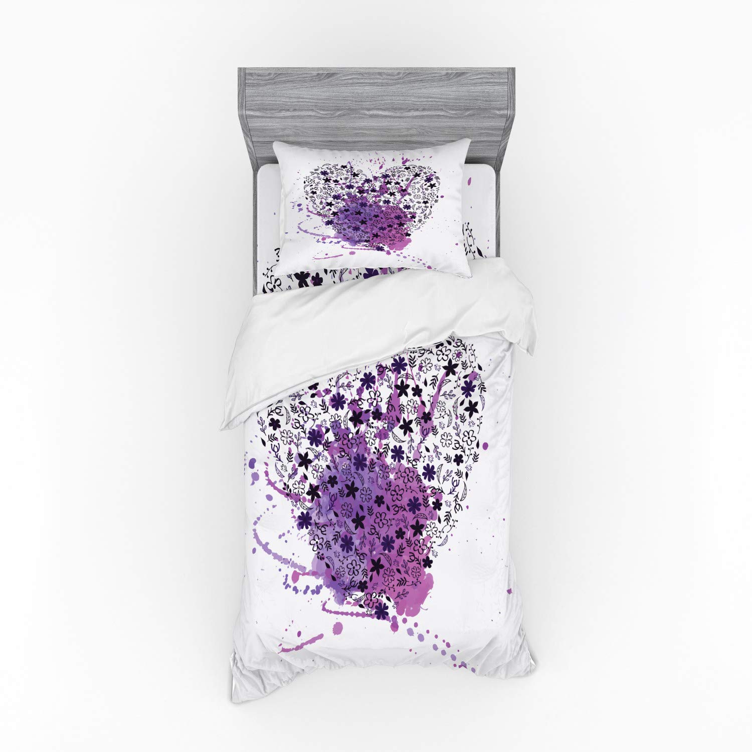 Ambesonne Romantic Watercolor Heart Sketch Bedding Set - 3 Piece Duvet Cover with Sham & Fitted Sheet, Twin Size, Purple & Dark Purple - Perfect for Valentine's Day, Anniversary Gifts & Couples Bedroom Decor