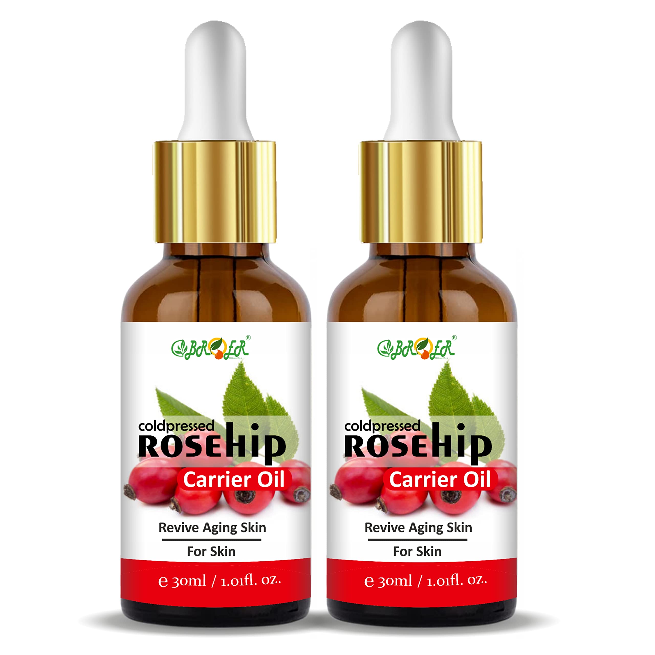 BROER 100% Pure Cold Pressed Rosehip Oil for Face & Skin - Natural Anti-Aging Treatment for Wrinkles, Fine Lines & Dark Circles | 2-Pack 60ml Bottles | Perfect for Night Routine & Under Eye Care