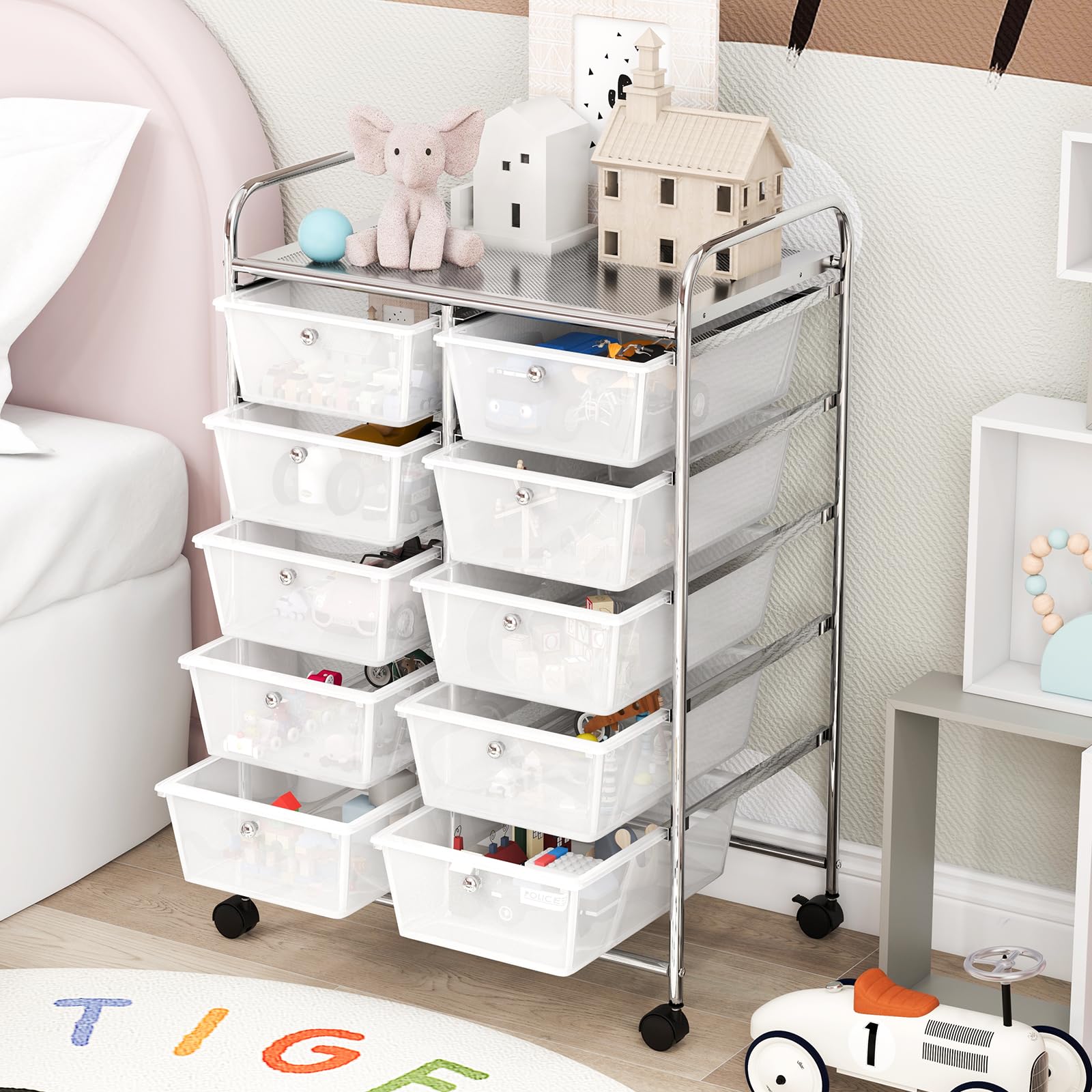 10-Drawer Rolling Storage Cart with Wheels - Mobile Organizer for Art Supplies, Tools, Crafts, Paper & Scrapbooking - Perfect for Home, Office & School Organization (Clear) - Ideal for Craft Rooms, Workshops & Classroom Storage