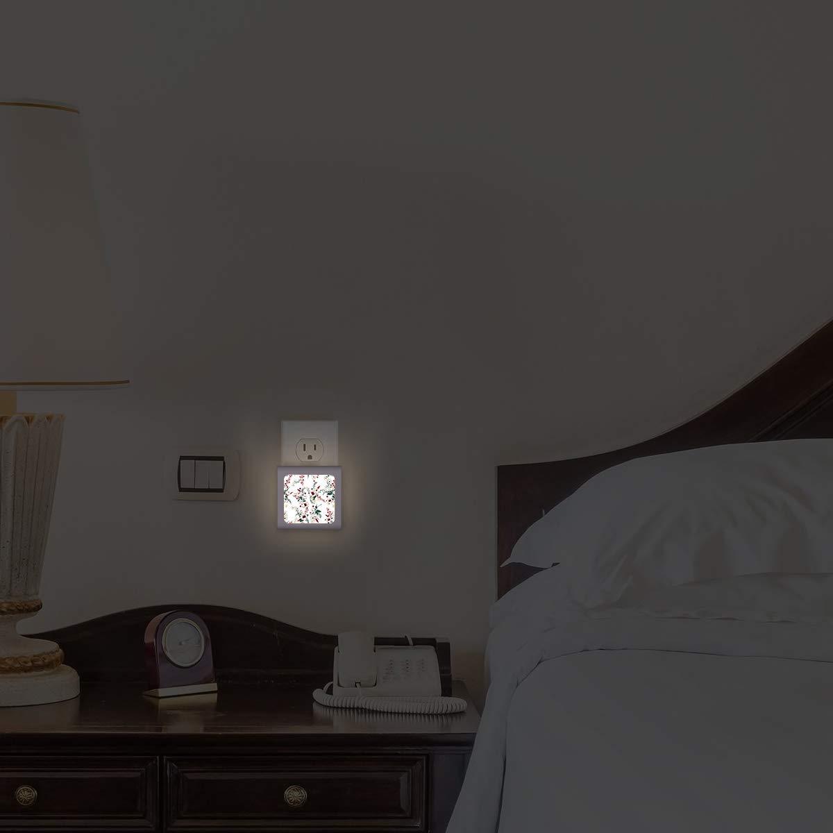 Dimmable LED Night Light with Auto On/Off Sensor, Adjustable Brightness & Warm White Light - Perfect for Bathroom, Hallway, Nursery & Bedroom - Red & White Floral Design (Energy Efficient Plug-in Nightlight for Home Safety & Comfort)