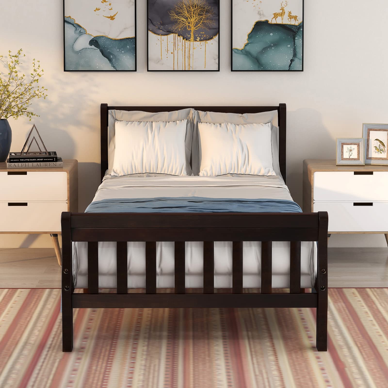 Harper & Bright Designs Modern Wood Twin Sleigh Bed for Kids - Sturdy Platform Bed Frame with Headboard & Footboard, Wood Slat Support (No Box Spring Needed) - Perfect for Kids' Bedrooms, Guest Rooms & Small Spaces