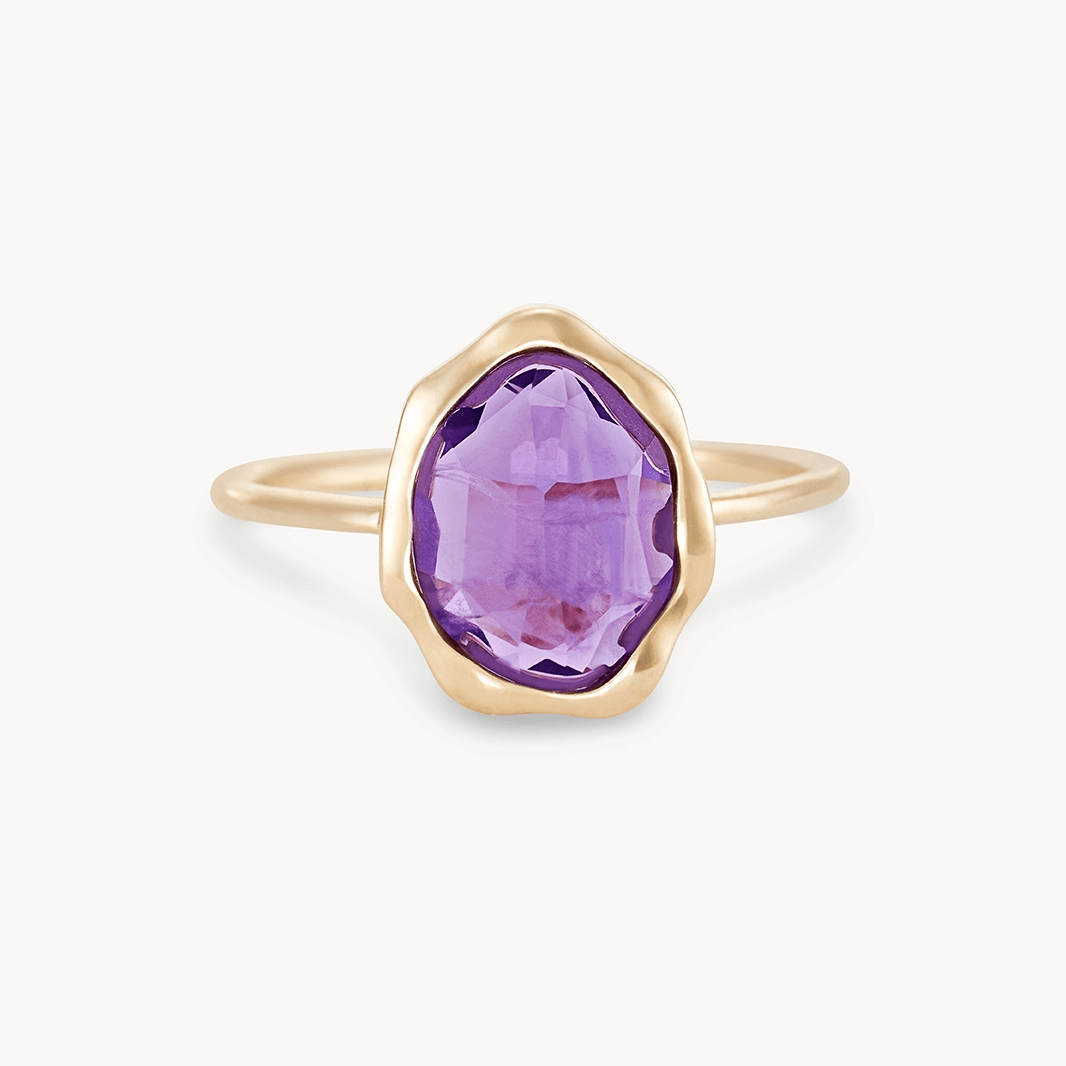14K Yellow Gold Amethyst Mood Ring - Adjustable Emotional Healing Jewelry for Women, Gift for Her, Meditation & Stress Relief Accessory