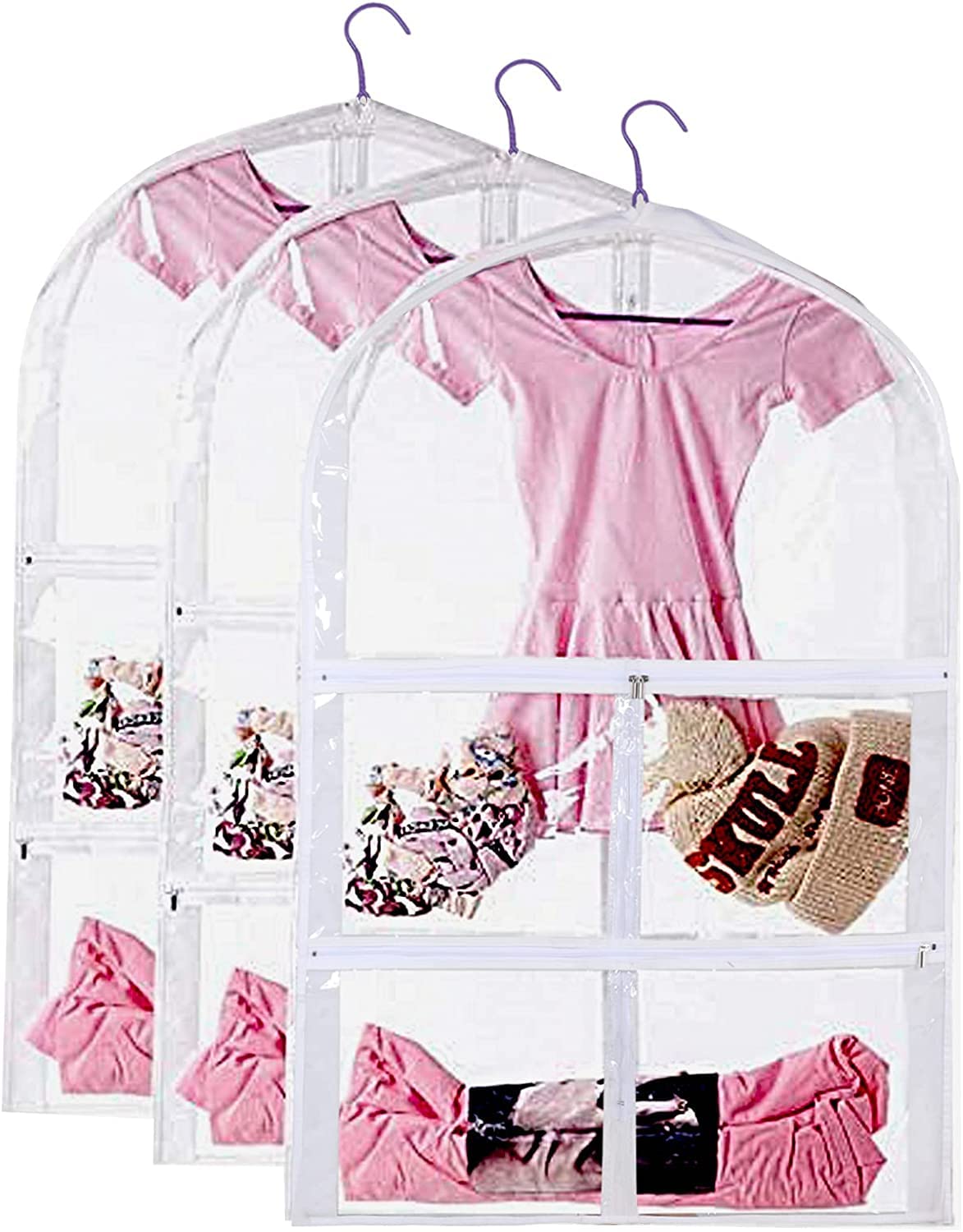 3-Pack Clear Garment Bags for Travel & Dance Costumes - Hanging Clothes Organizer with Pockets | Perfect for Dancers, Kids Dancewear & Business Trips | Waterproof & Durable Storage Solution